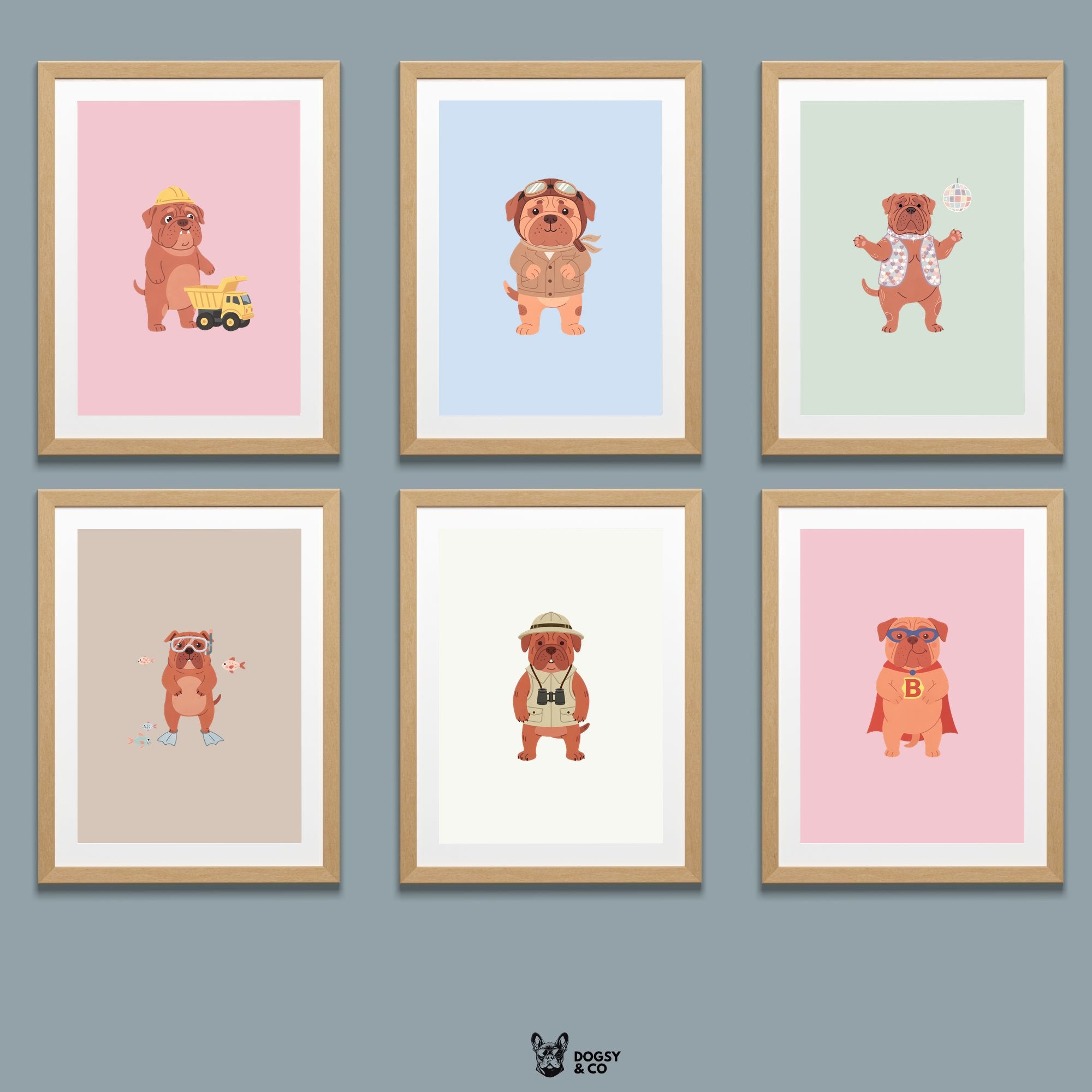 Dogue de Bordeaux Kids Nursery Wall Art Print Bundle — 22 Dog Costume Designs, 5 Colours, 6 Print Sizes | Digital Download