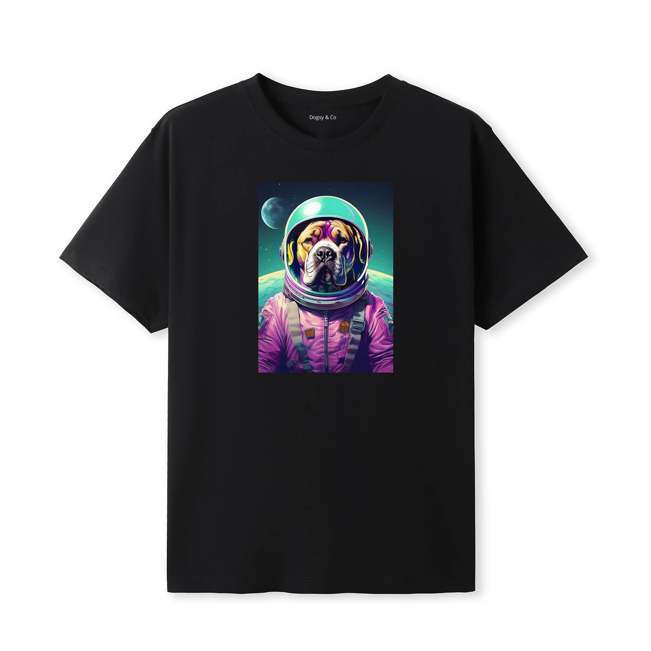 Dogue de Bordeaux Space Dogs T-Shirt colourful astronaut dog artwork in a retro space design
