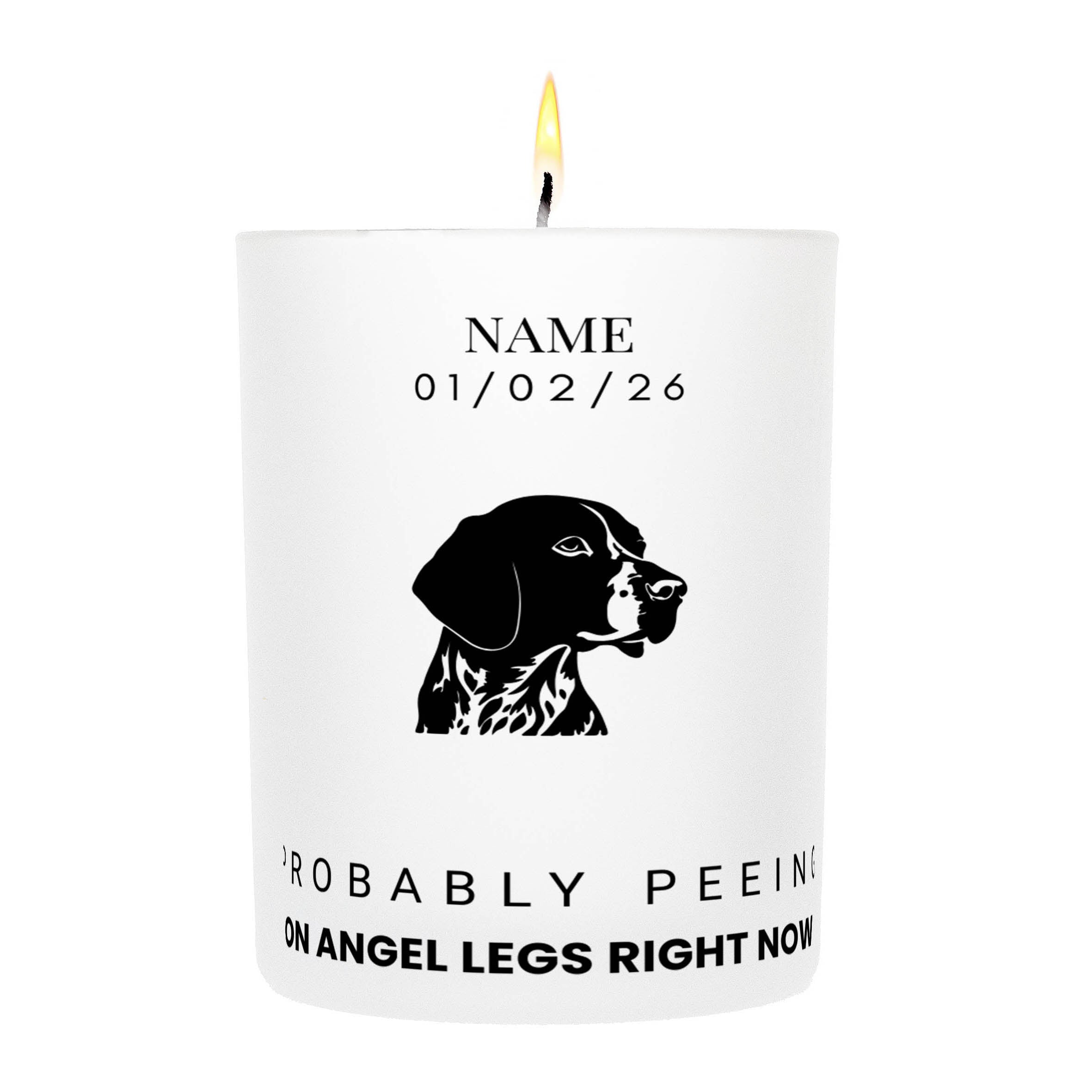 English Pointer – Probably Peeing on Angel Legs Right Now Custom Candle