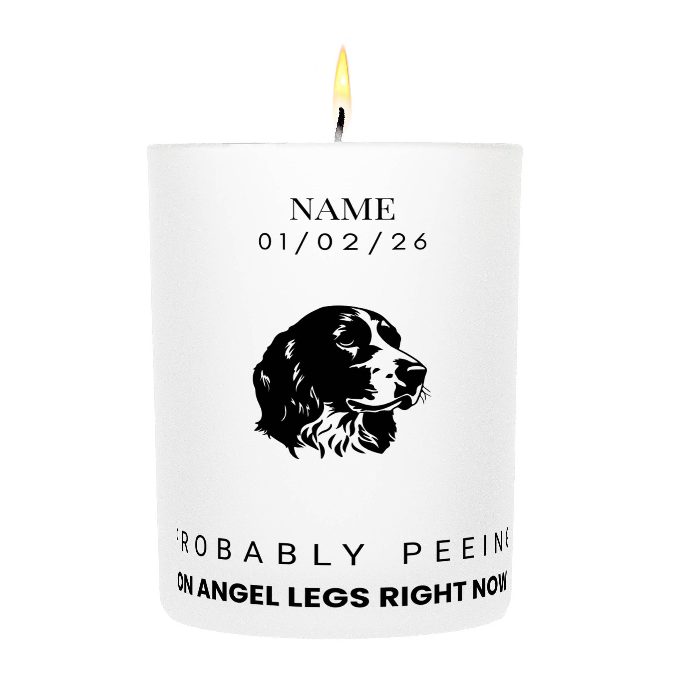 English Springer Spaniel – Probably Peeing on Angel Legs Right Now Custom Candle