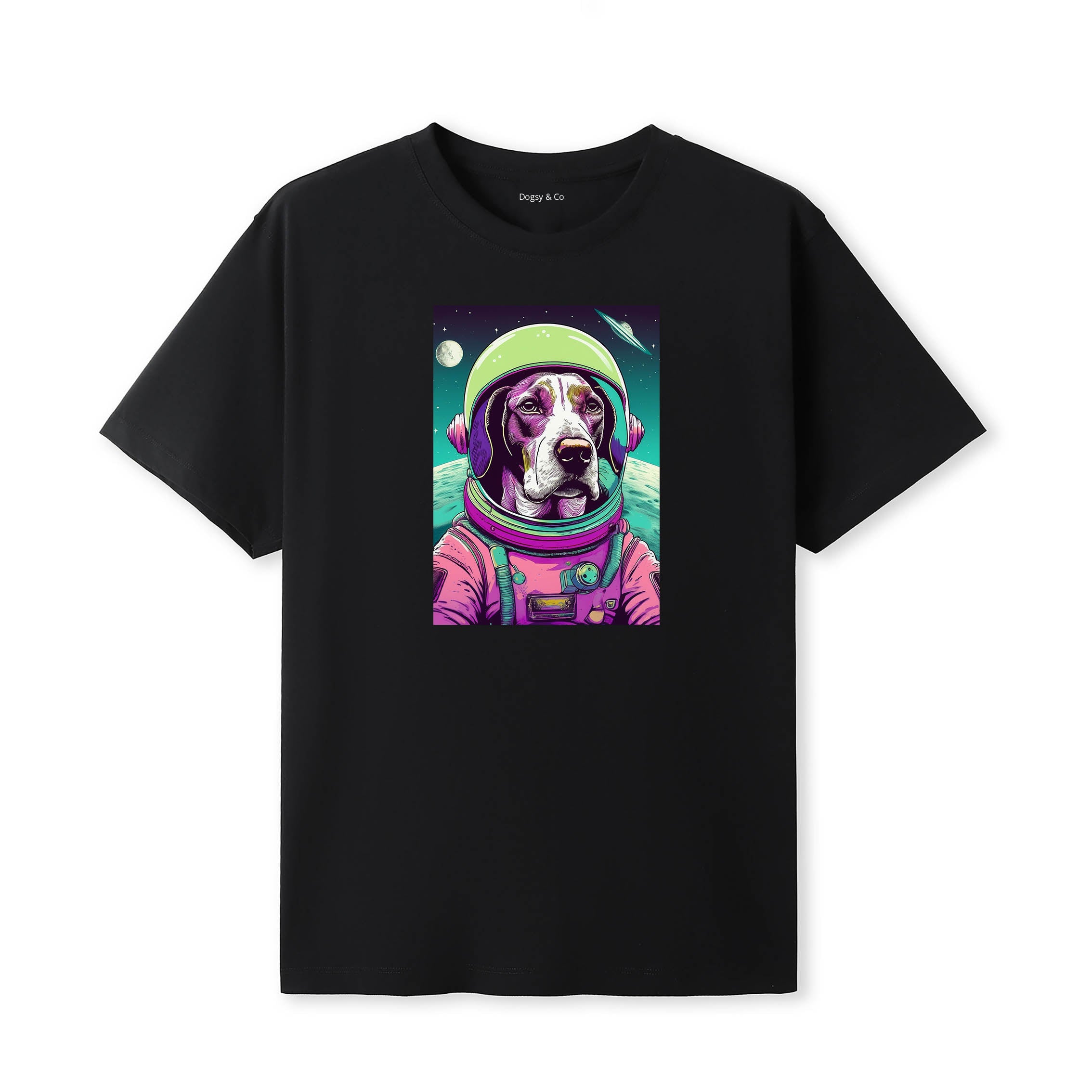English Pointer Space Dogs T-Shirt colourful astronaut dog artwork in a retro space design