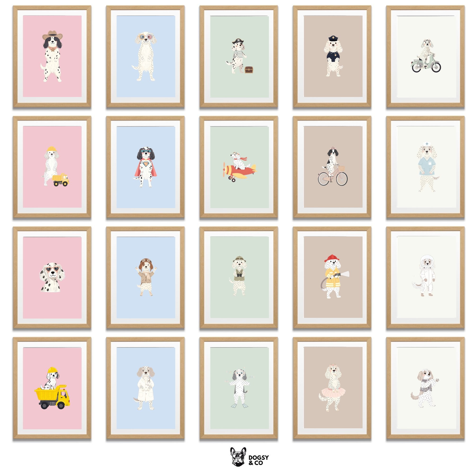English Setter Kids Nursery Wall Art Print Bundle — 22 Dog Costume Designs, 5 Colours, 6 Print Sizes | Digital Download