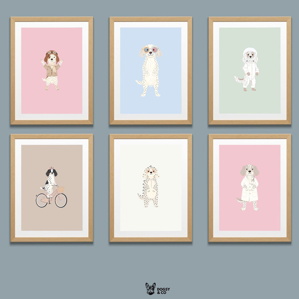 English Setter Kids Nursery Wall Art Print Bundle — 22 Dog Costume Designs, 5 Colours, 6 Print Sizes | Digital Download