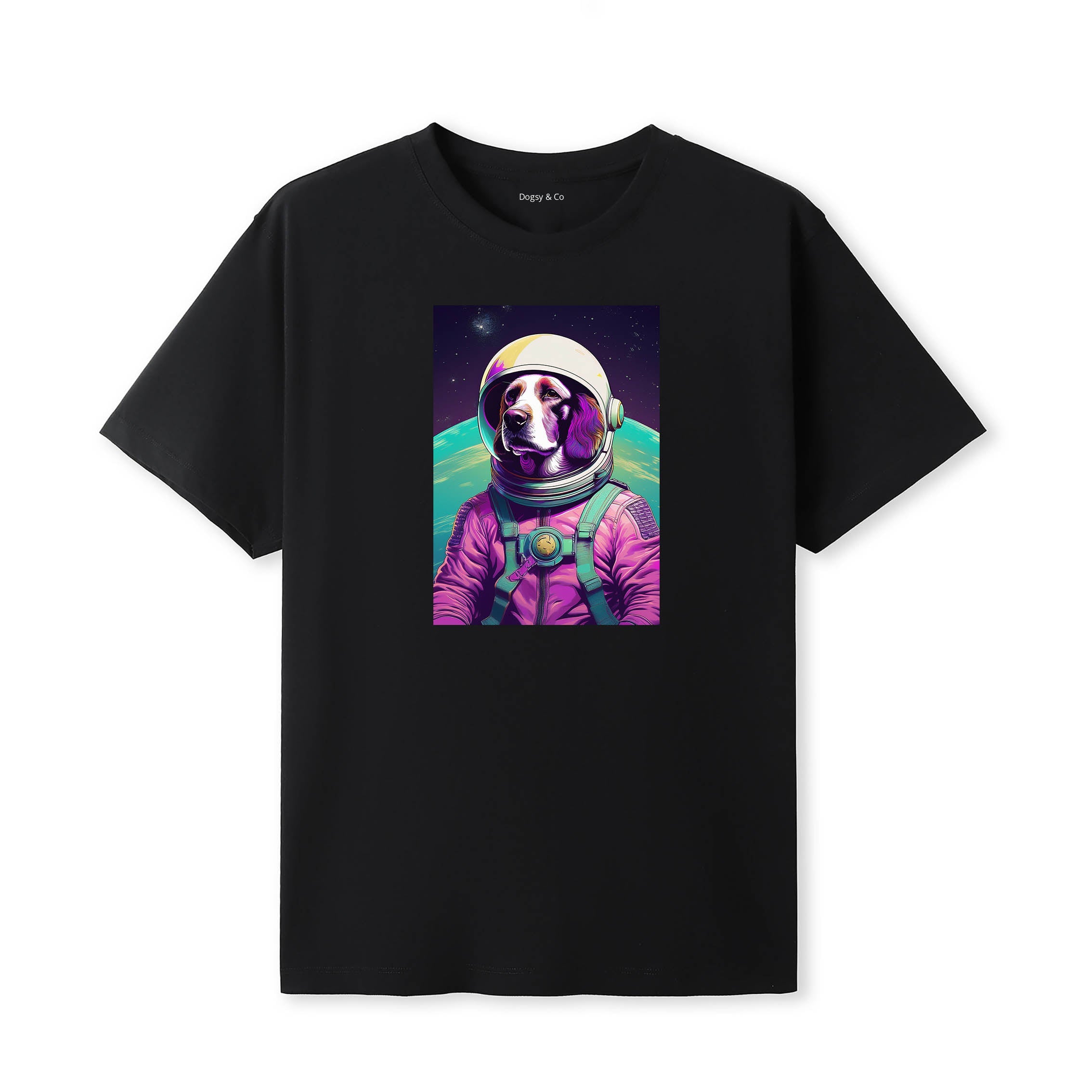 English Setter Space Dogs T-Shirt colourful astronaut dog artwork in a retro space design
