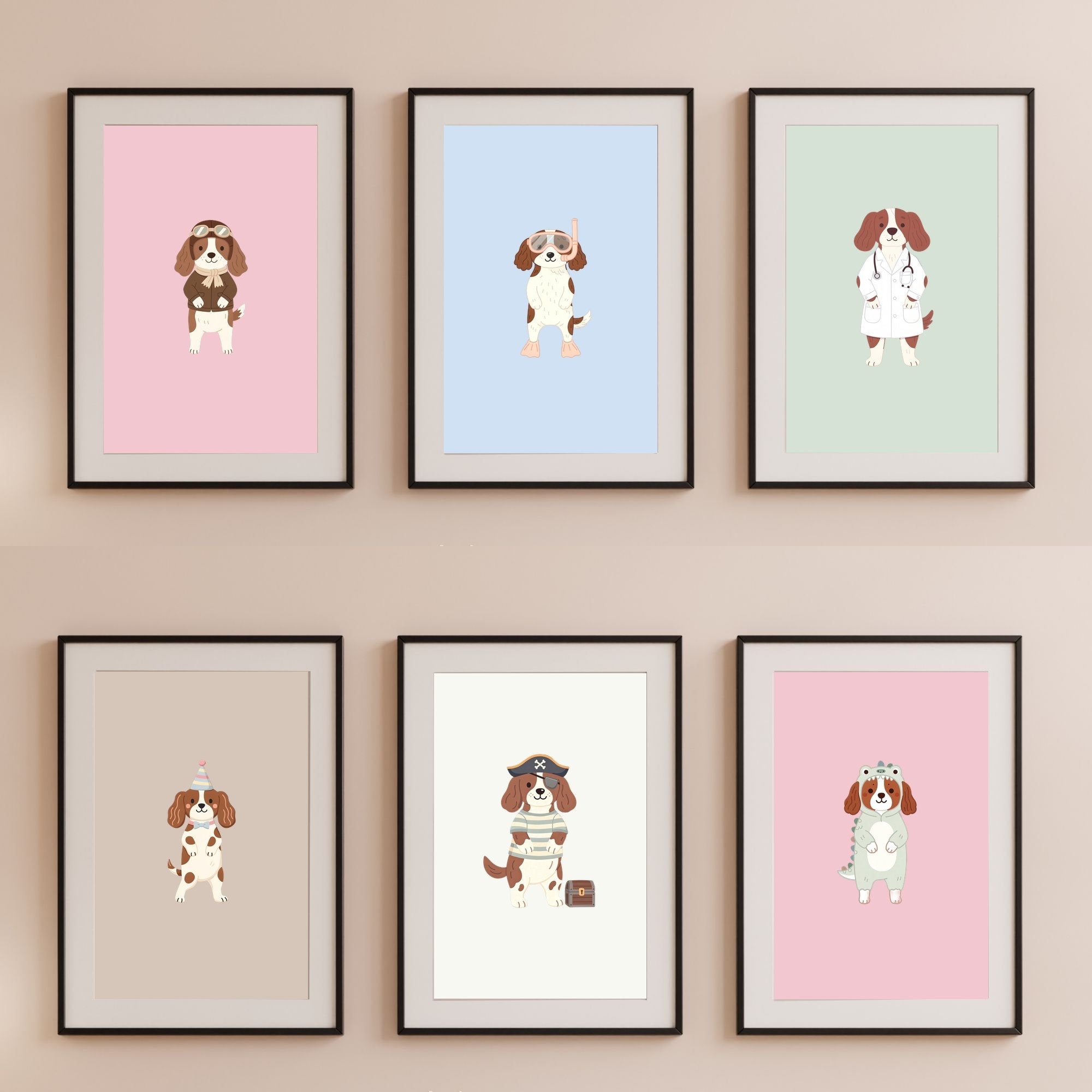 English Springer Spaniel Kids Nursery Wall Art Print Bundle — 22 Dog Costume Designs, 5 Colours, 6 Print Sizes | Digital Download