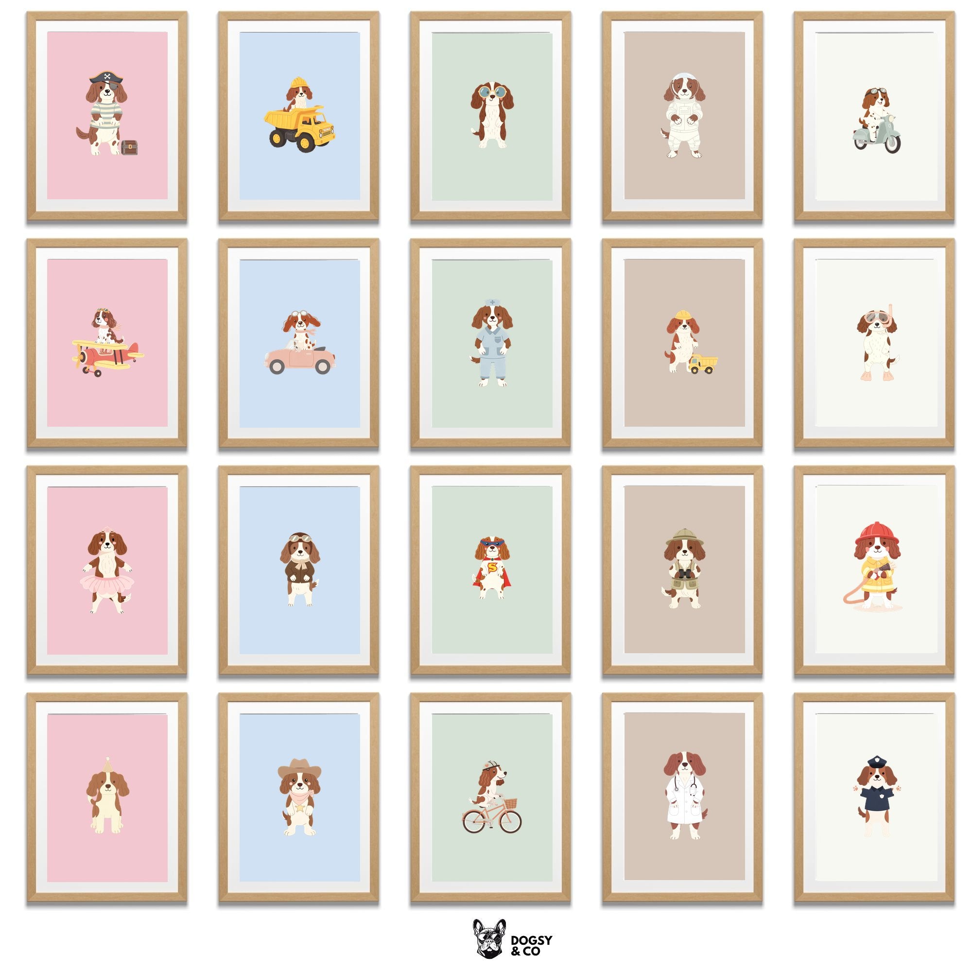 English Springer Spaniel Kids Nursery Wall Art Print Bundle — 22 Dog Costume Designs, 5 Colours, 6 Print Sizes | Digital Download