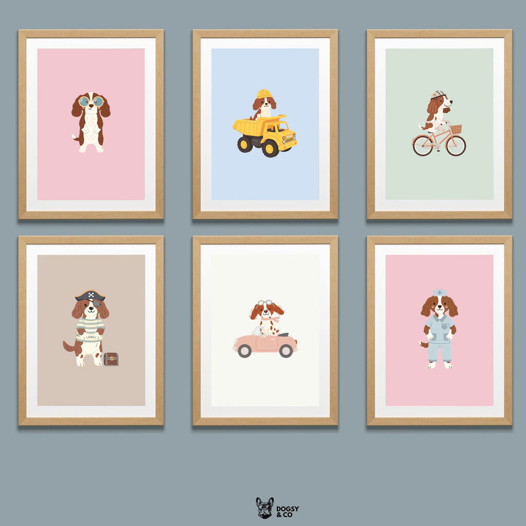 English Springer Spaniel Kids Nursery Wall Art Print Bundle — 22 Dog Costume Designs, 5 Colours, 6 Print Sizes | Digital Download