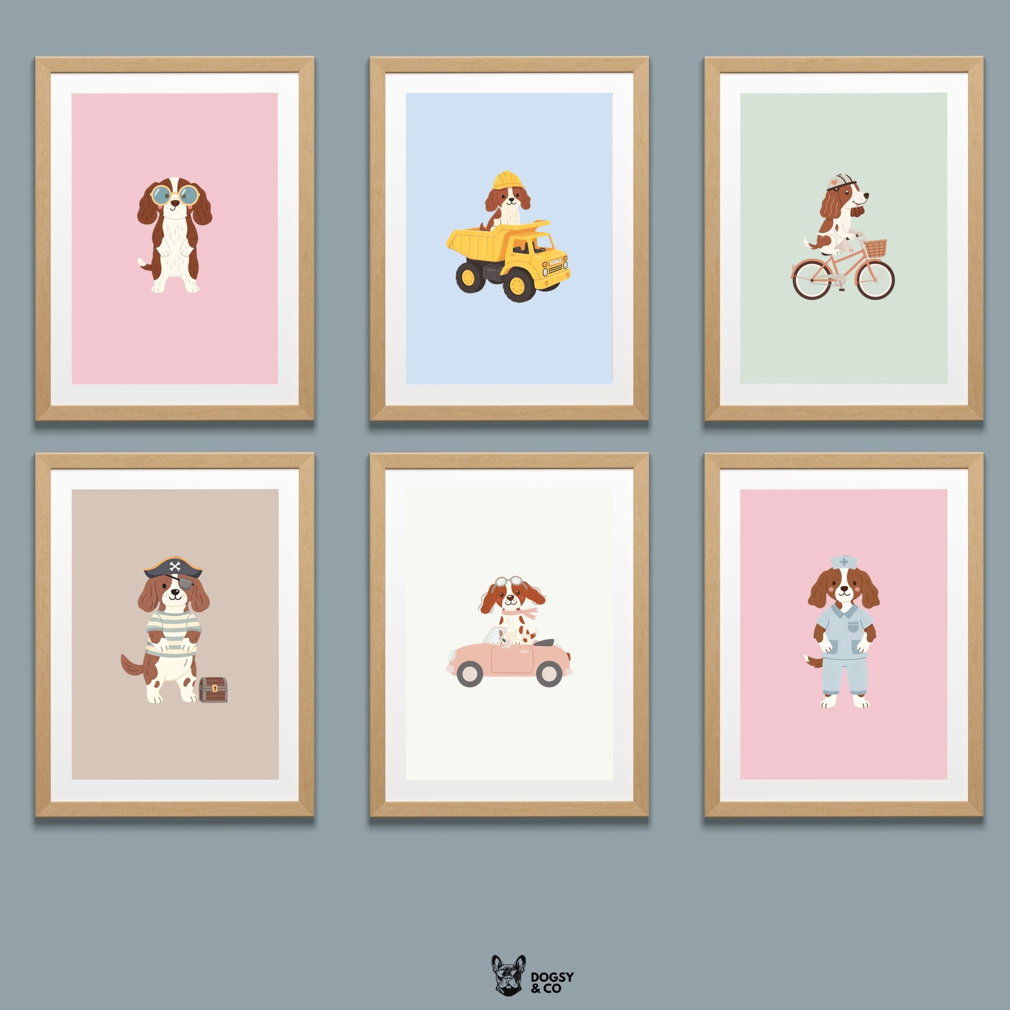 English Springer Spaniel Kids Nursery Wall Art Print Bundle — 22 Dog Costume Designs, 5 Colours, 6 Print Sizes | Digital Download
