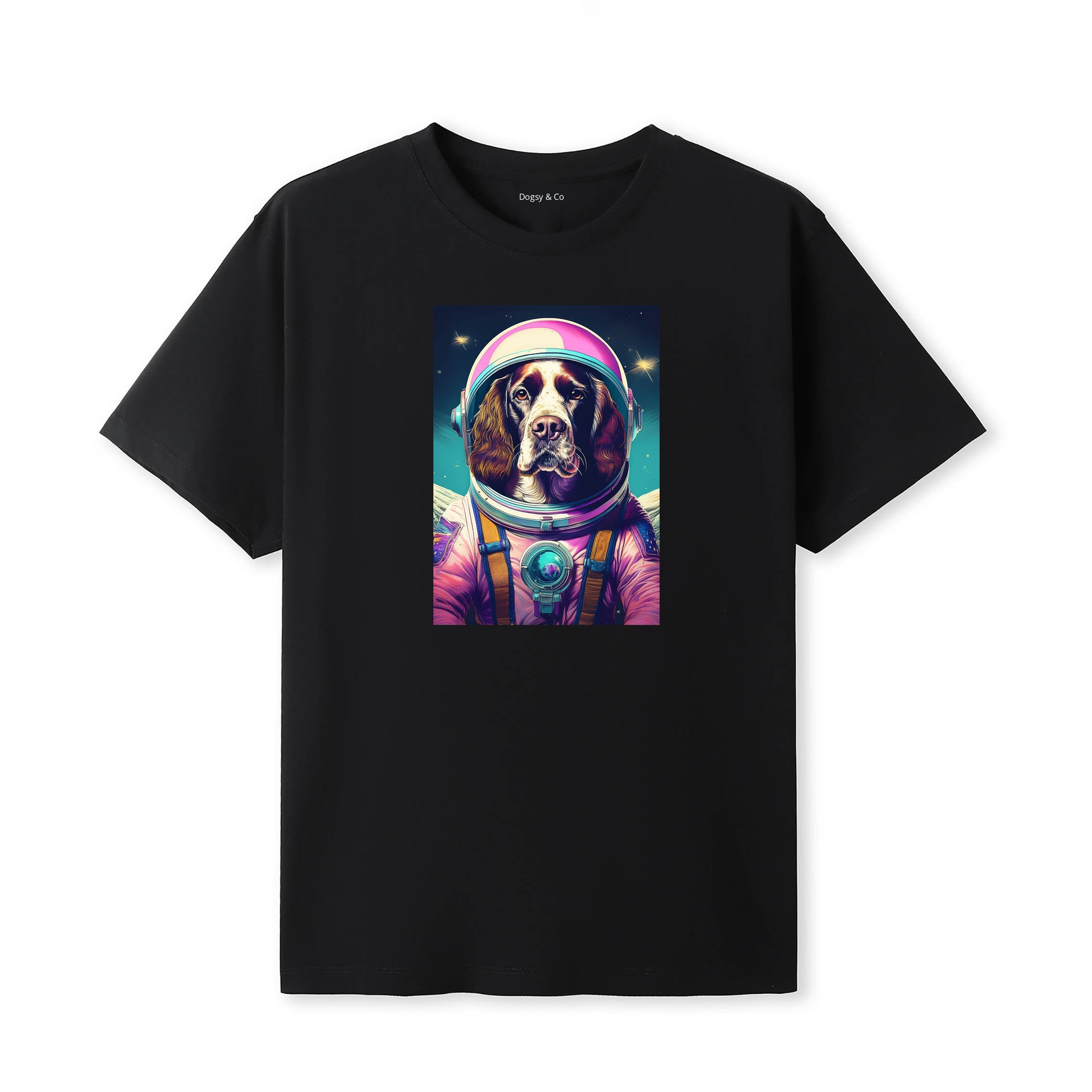 English Springer Spaniel Space Dogs T-Shirt colourful astronaut dog artwork in a retro space design
