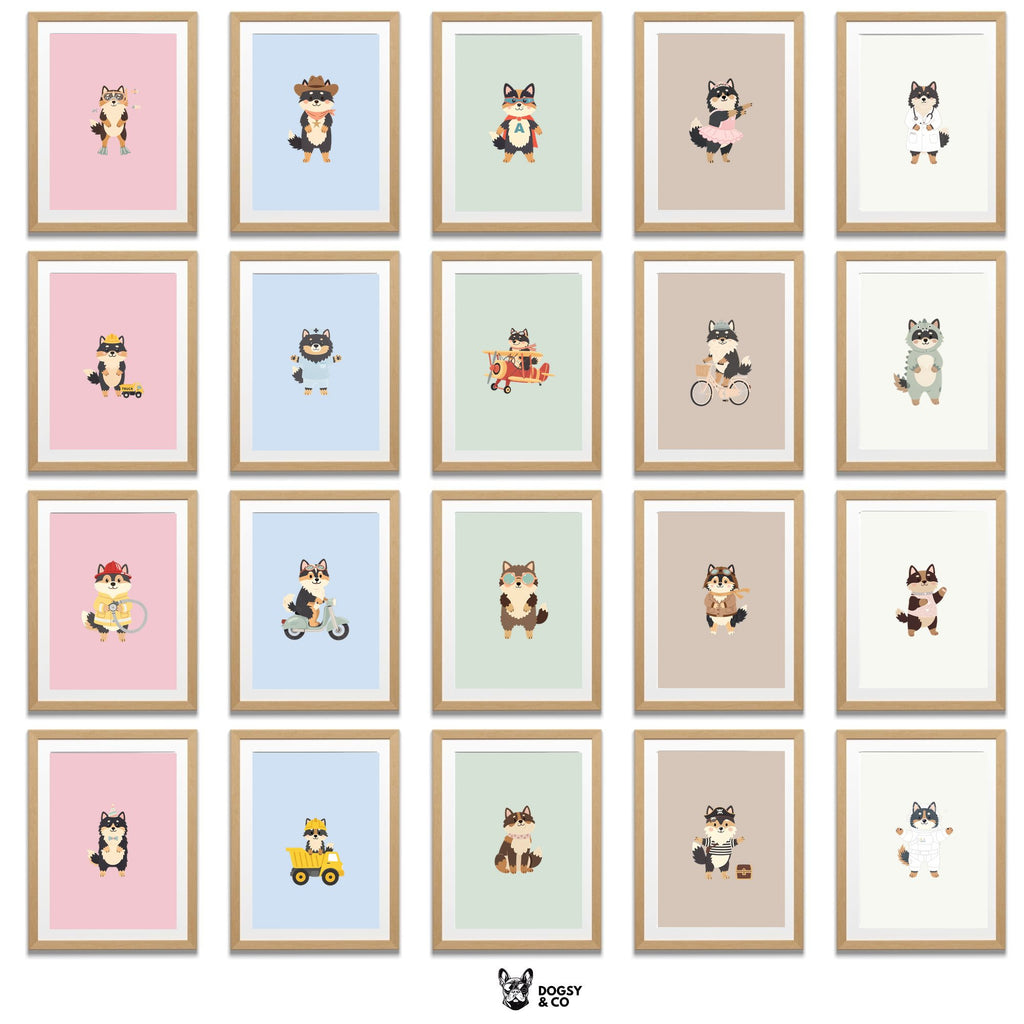 Finnish Lapphund Kids Nursery Wall Art Print Bundle — 22 Dog Costume Designs, 5 Colours, 6 Print Sizes | Digital Download