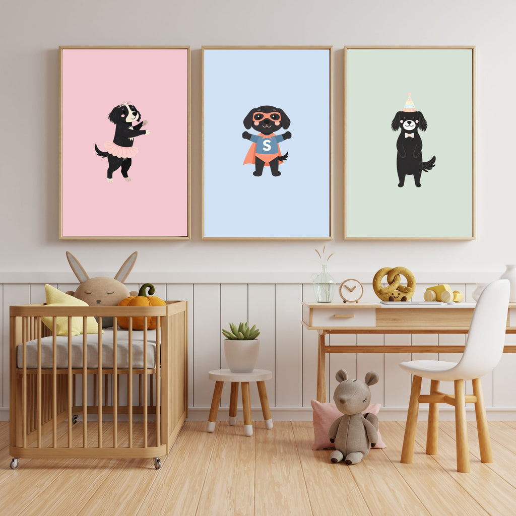 Flat Coated Retriever Kids Nursery Wall Art Print Bundle — 22 Dog Costume Designs, 5 Colours, 6 Print Sizes | Digital Download