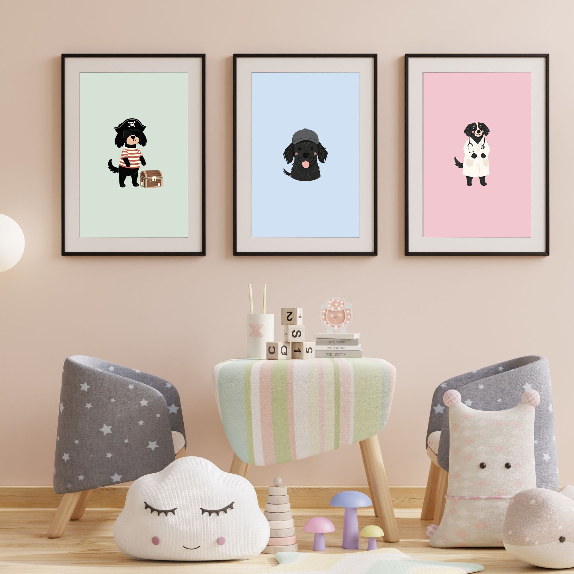 Flat Coated Retriever Kids Nursery Wall Art Print Bundle — 22 Dog Costume Designs, 5 Colours, 6 Print Sizes | Digital Download