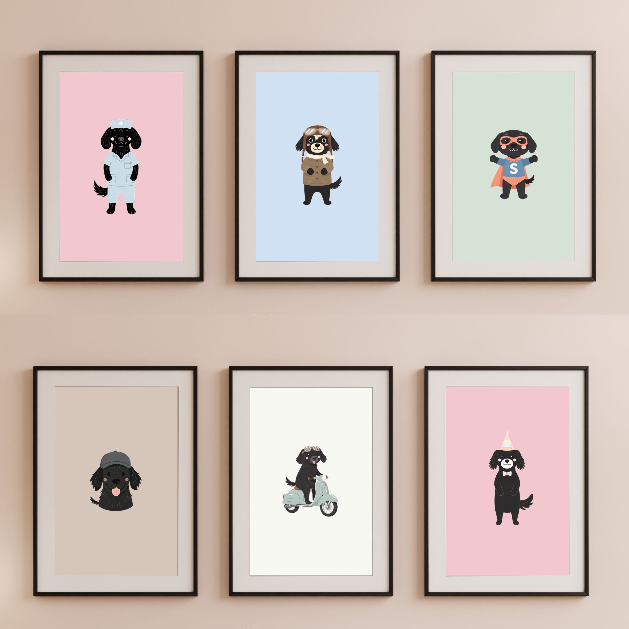 Flat Coated Retriever Kids Nursery Wall Art Print Bundle — 22 Dog Costume Designs, 5 Colours, 6 Print Sizes | Digital Download