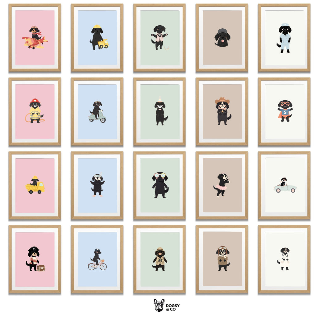 Flat Coated Retriever Kids Nursery Wall Art Print Bundle — 22 Dog Costume Designs, 5 Colours, 6 Print Sizes | Digital Download