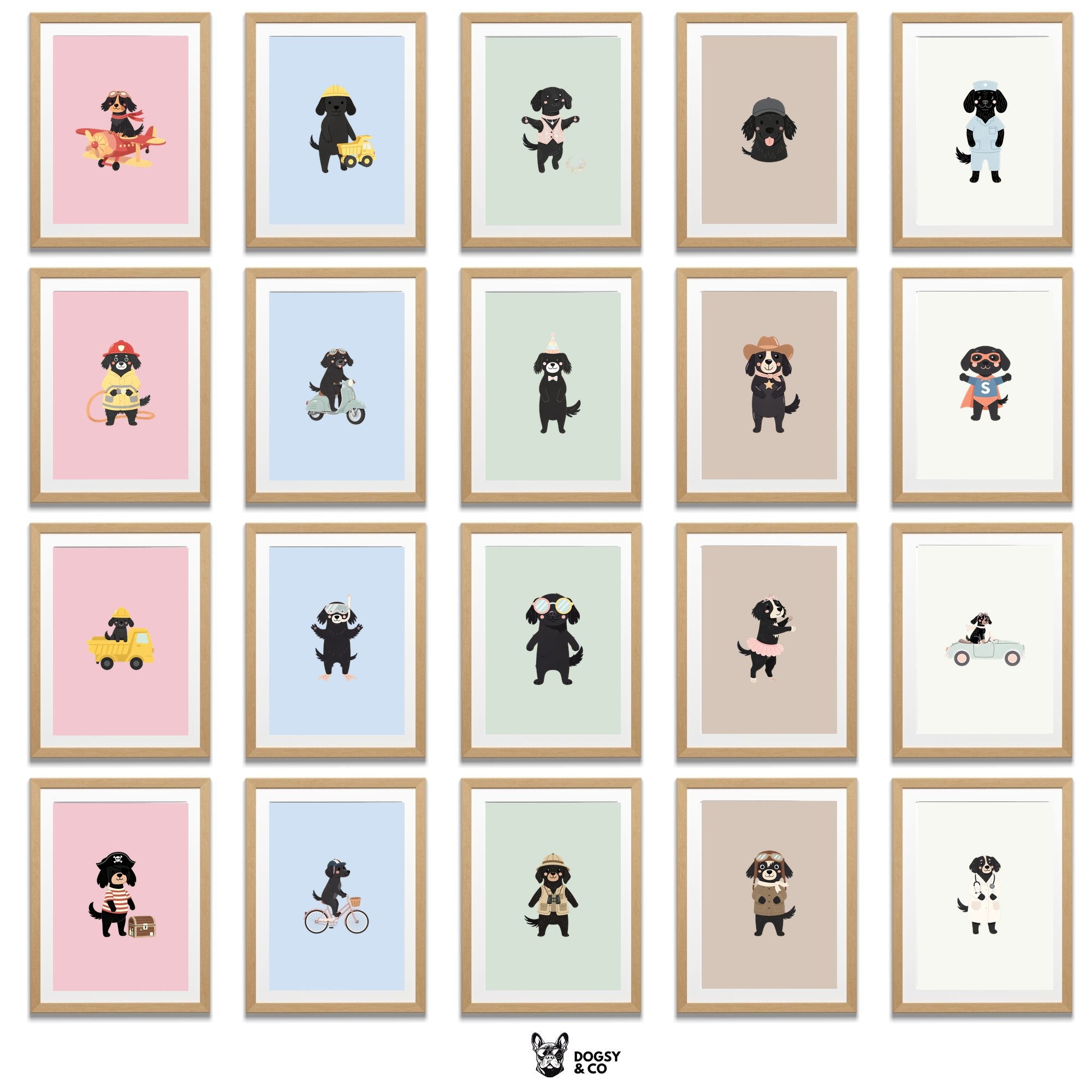 Flat Coated Retriever Kids Nursery Wall Art Print Bundle — 22 Dog Costume Designs, 5 Colours, 6 Print Sizes | Digital Download