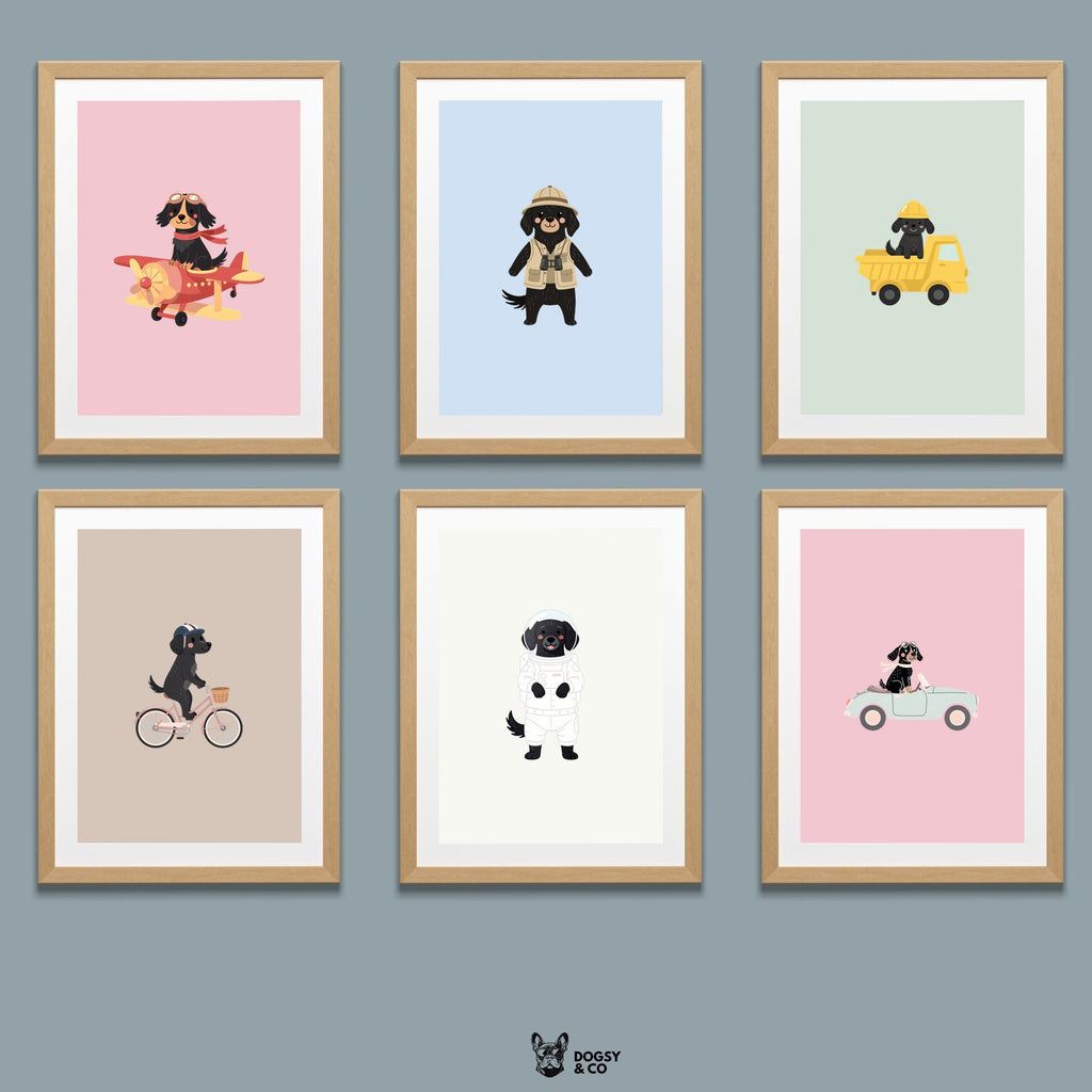 Flat Coated Retriever Kids Nursery Wall Art Print Bundle — 22 Dog Costume Designs, 5 Colours, 6 Print Sizes | Digital Download