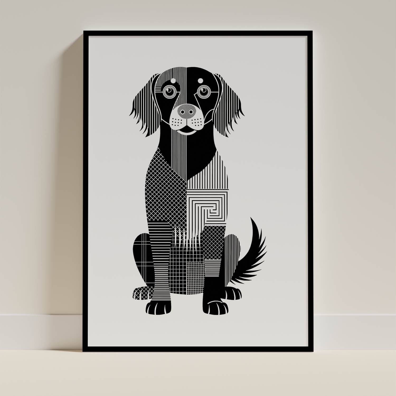 Flat Coated Retriever Geometric Line Art Print - Framed Mockup