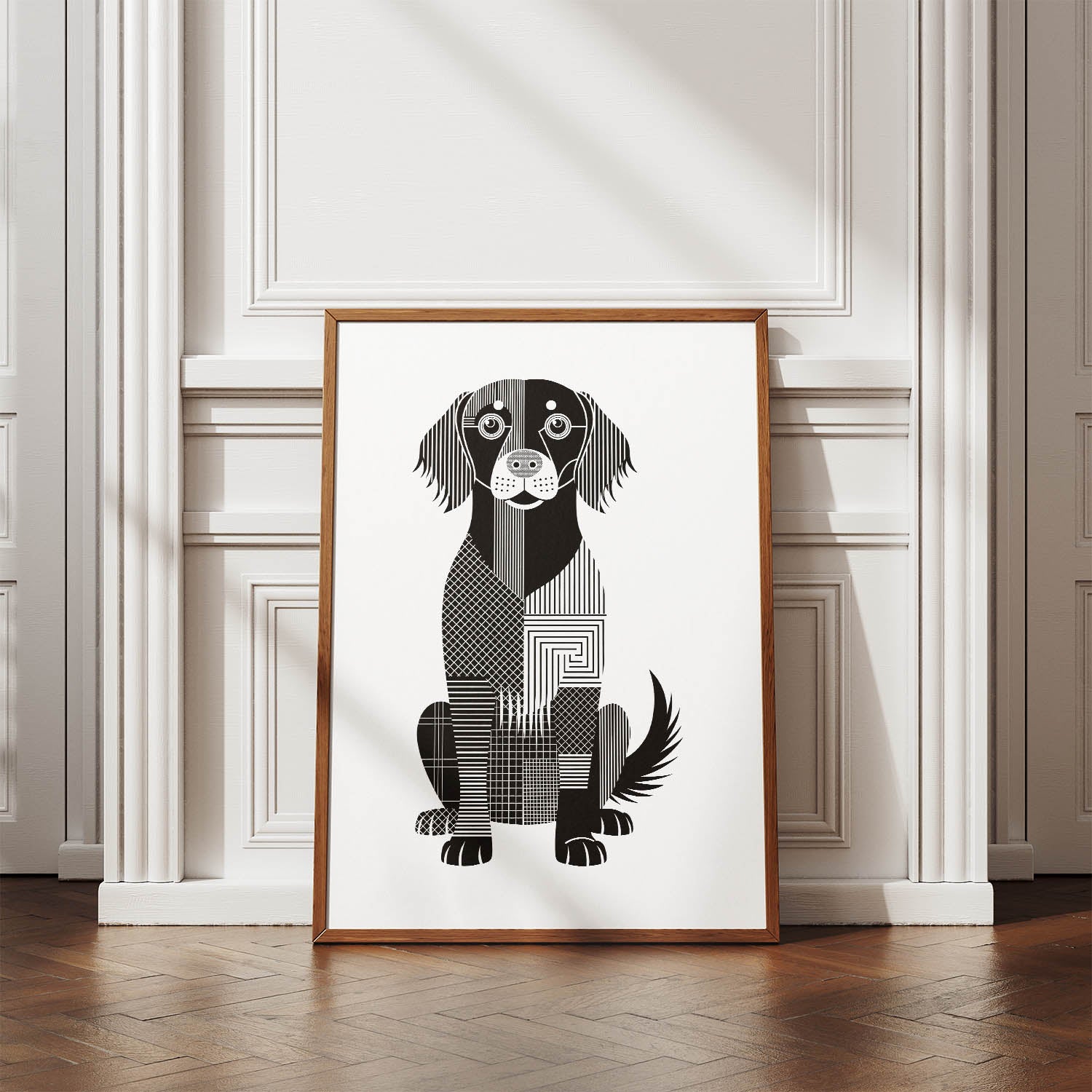 Flat Coated Retriever Geometric Line Art Print - Framed Mockup