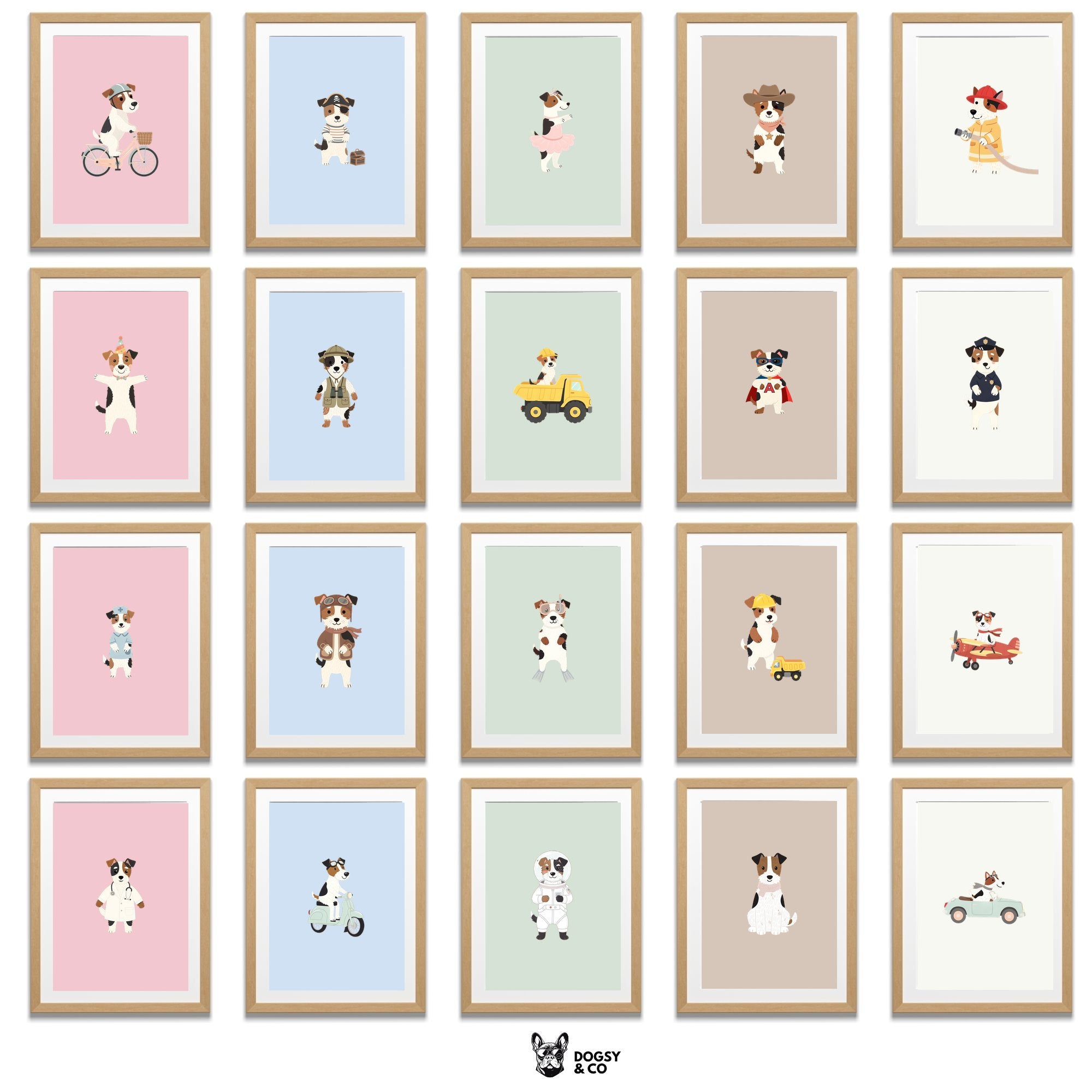 Fox Terrier Kids Nursery Wall Art Print Bundle — 22 Dog Costume Designs, 5 Colours, 6 Print Sizes | Digital Download