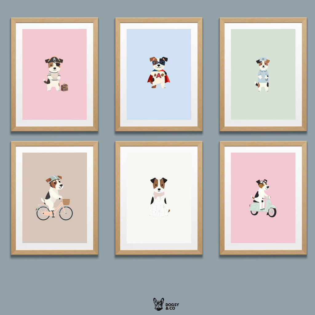 Fox Terrier Kids Nursery Wall Art Print Bundle — 22 Dog Costume Designs, 5 Colours, 6 Print Sizes | Digital Download