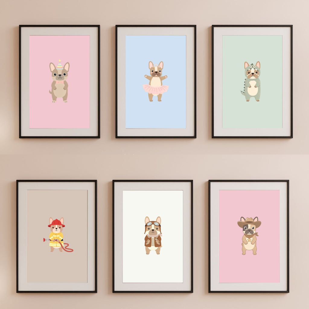 French Bulldog Kids Nursery Wall Art Print Bundle — 22 Dog Costume Designs, 5 Colours, 6 Print Sizes | Digital Download