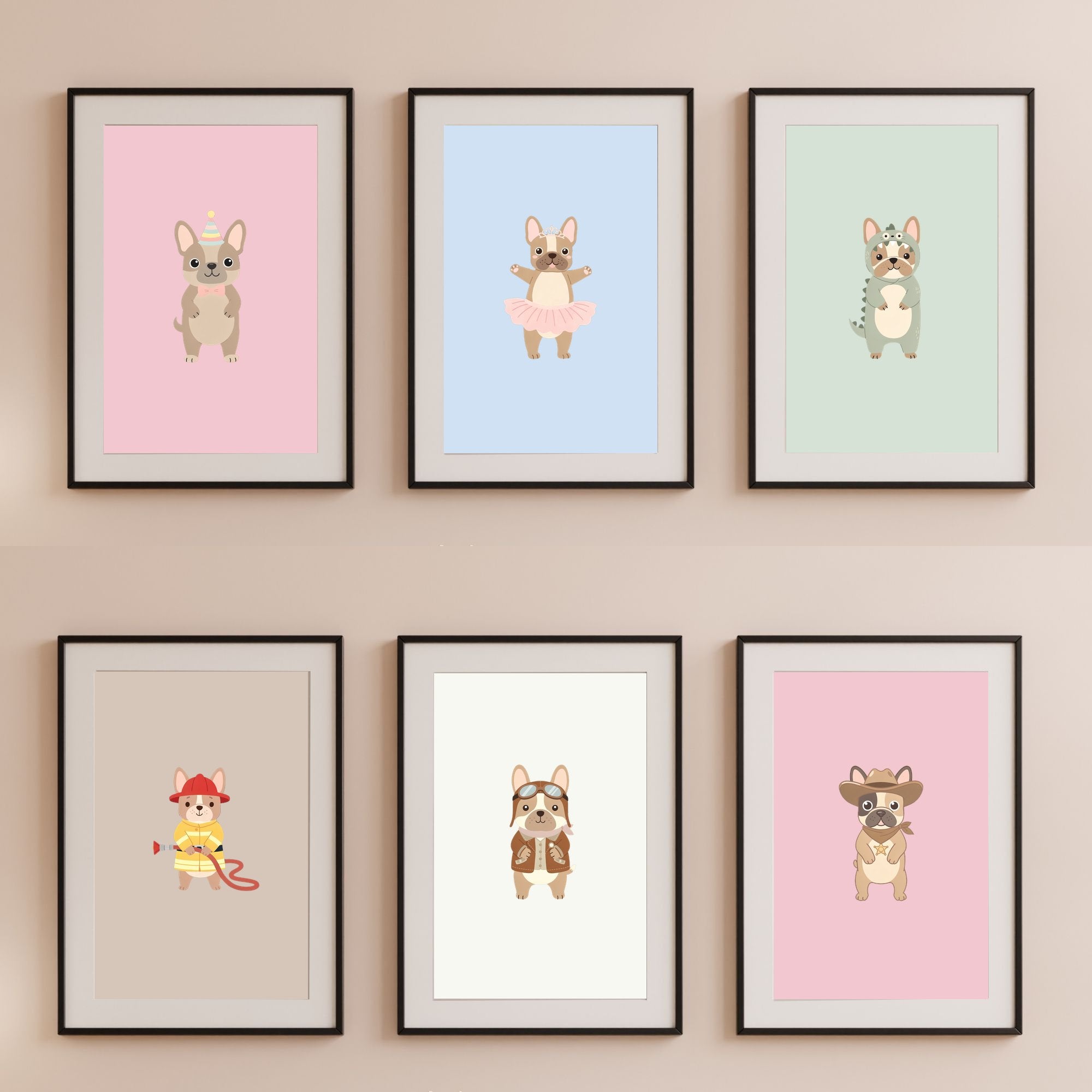 French Bulldog Kids Nursery Wall Art Print Bundle — 22 Dog Costume Designs, 5 Colours, 6 Print Sizes | Digital Download