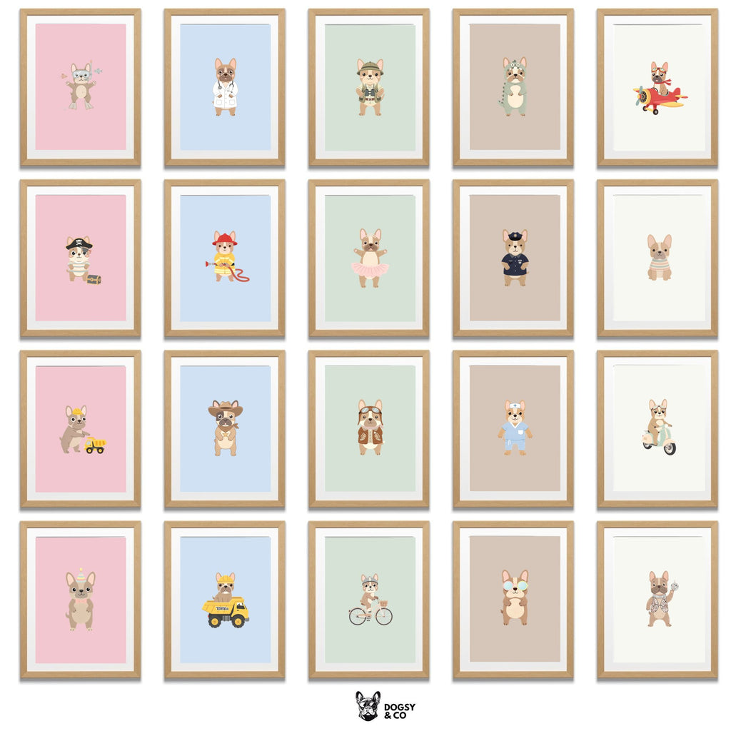 French Bulldog Kids Nursery Wall Art Print Bundle — 22 Dog Costume Designs, 5 Colours, 6 Print Sizes | Digital Download