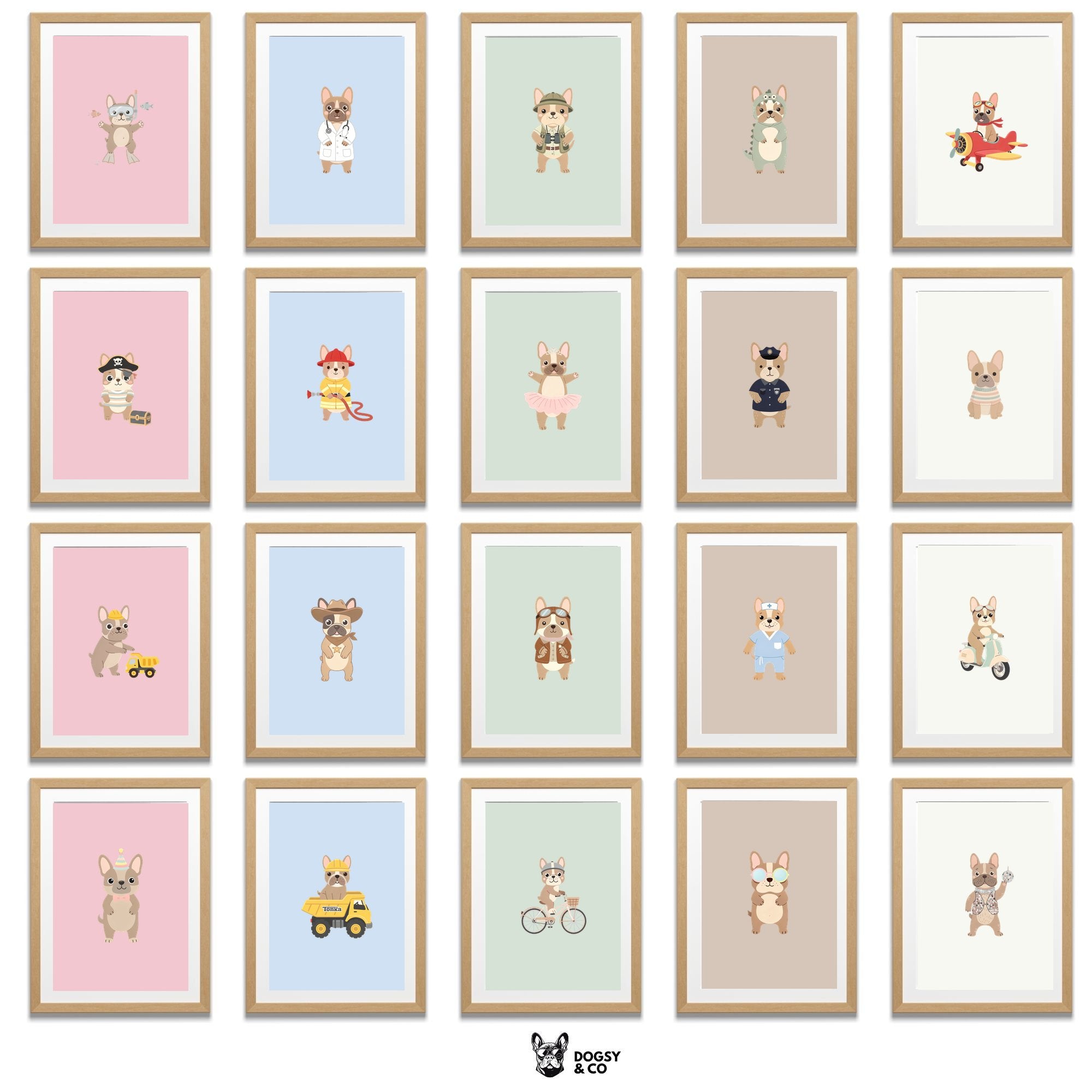French Bulldog Kids Nursery Wall Art Print Bundle — 22 Dog Costume Designs, 5 Colours, 6 Print Sizes | Digital Download