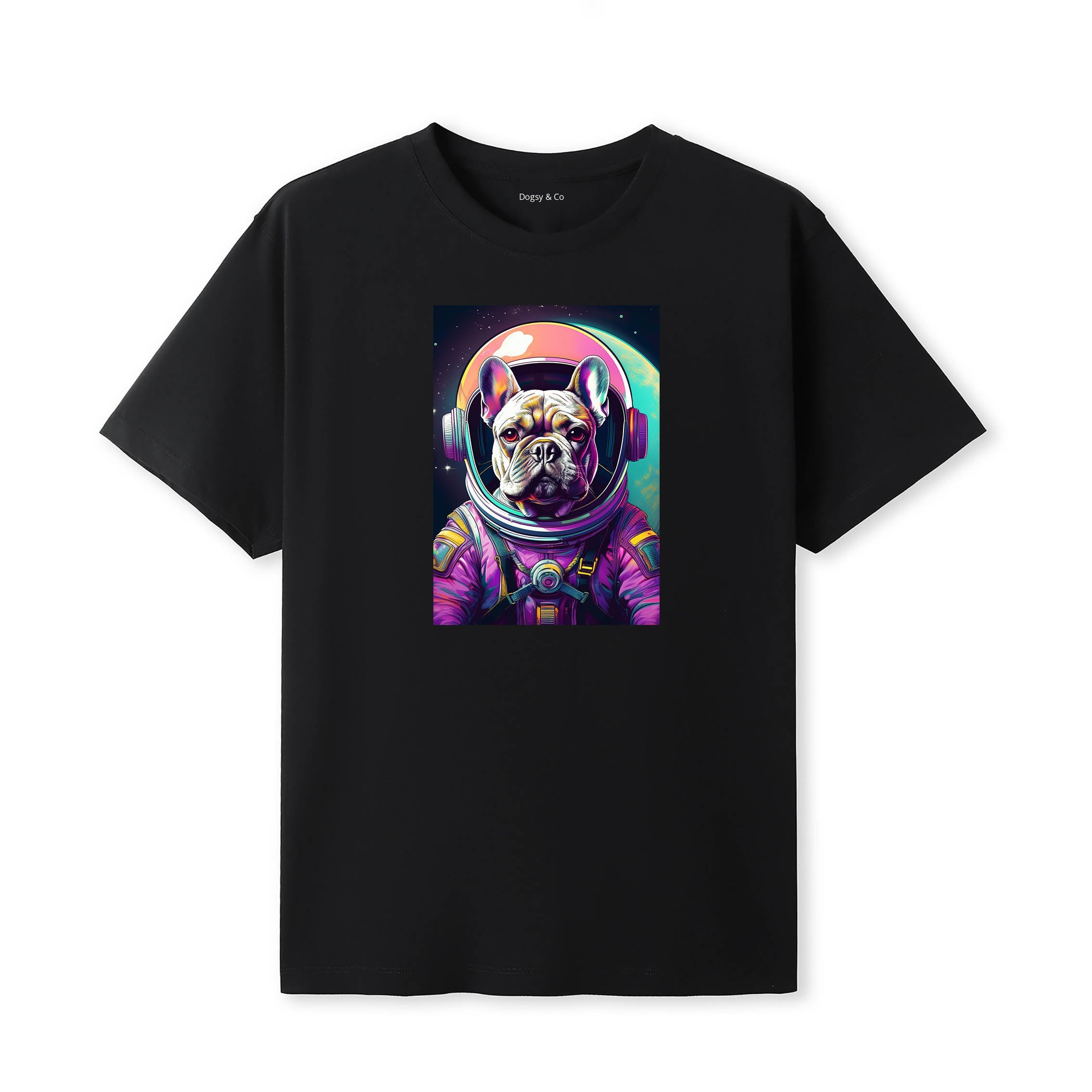 French Bulldog Space Dogs T-Shirt colourful astronaut dog artwork in a retro space design