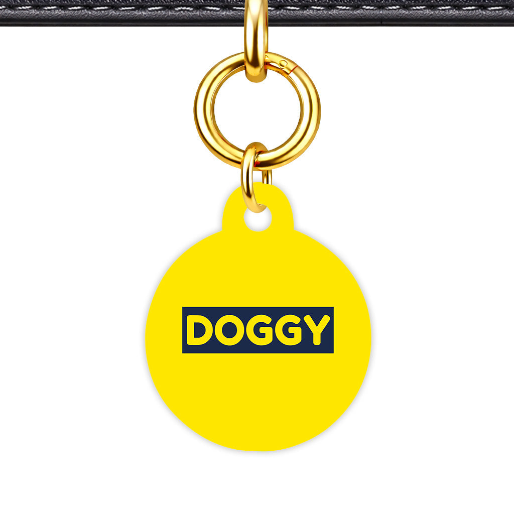 Bright Yellow & Navy Circle Shape QR Smart Pet ID Tag - Front View