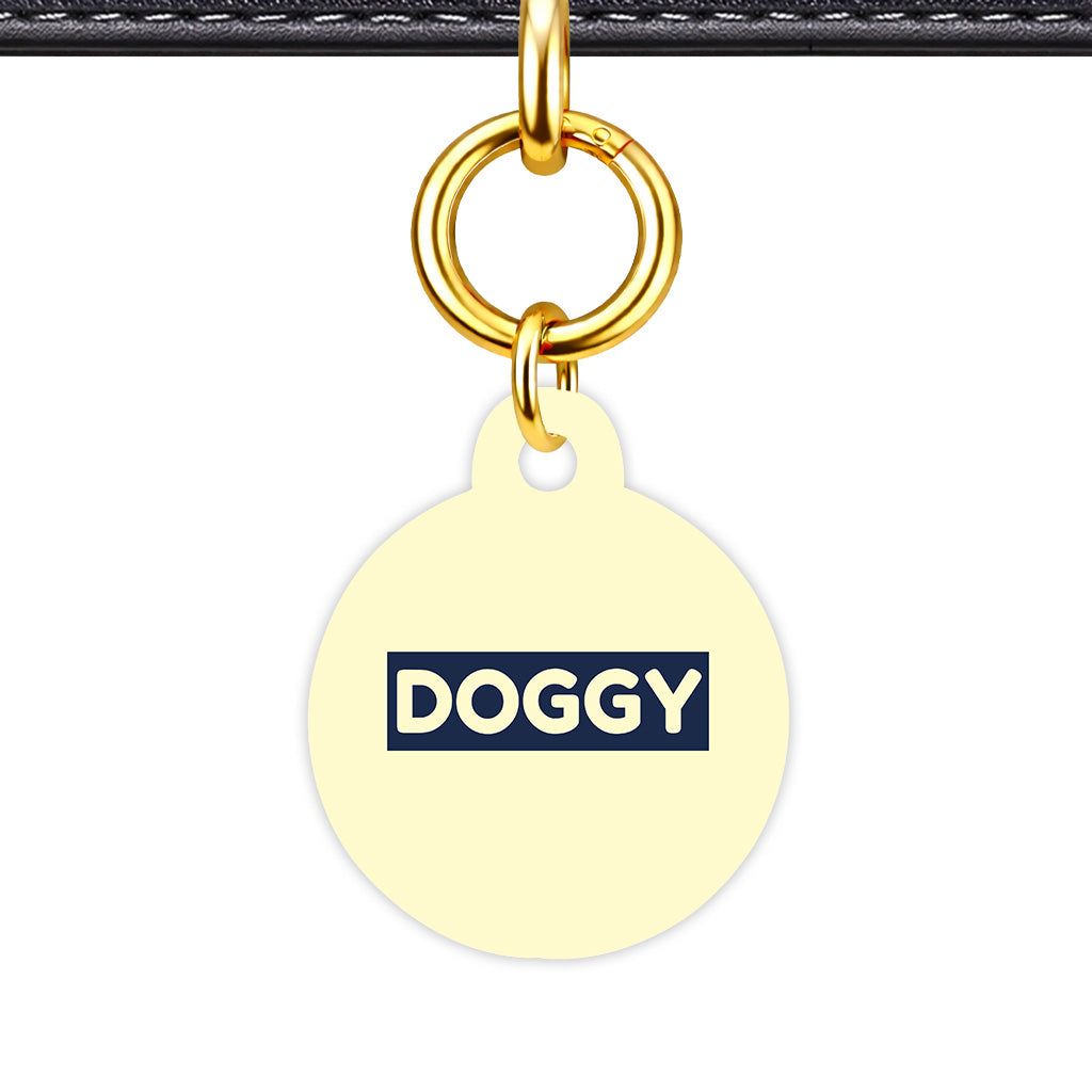 Soft Lemon & Navy Circle Shape QR Smart Pet ID Tag - Front View