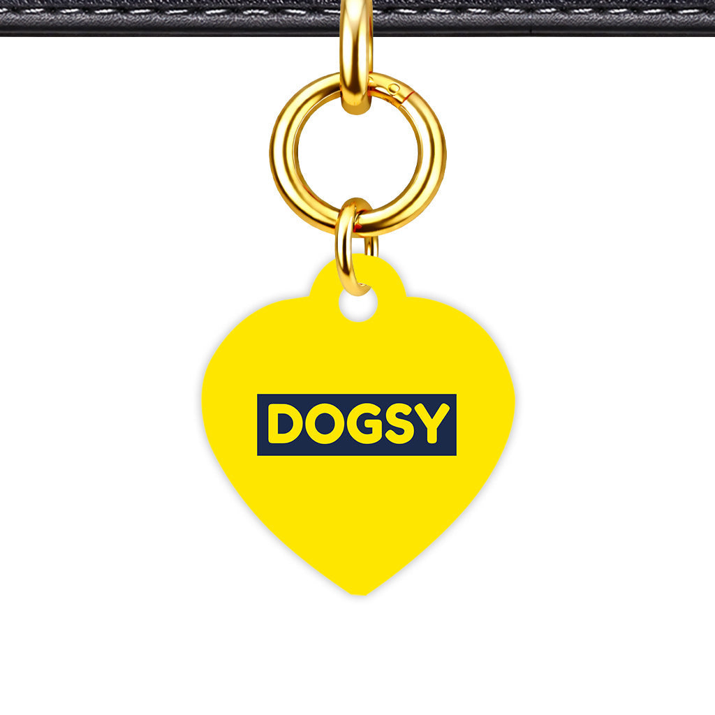 Bright Yellow & Navy Heart Shape QR Smart Pet ID Tag - Front View