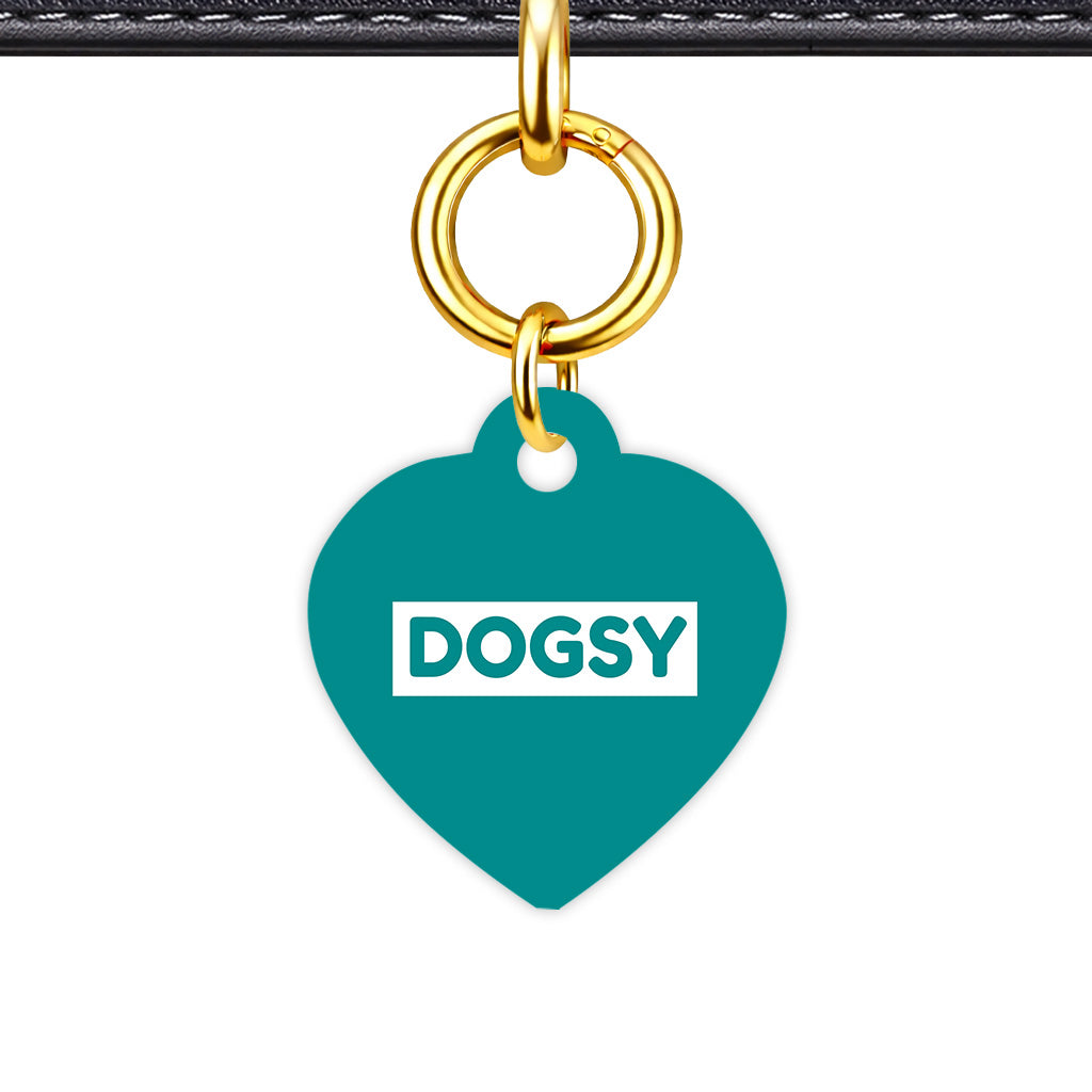 Dark Cyan & White Classic Pet ID Tag - Gold Heart