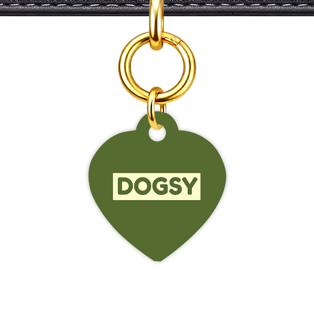 Dark Olive & Cream Classic Pet ID Tag - Gold Heart
