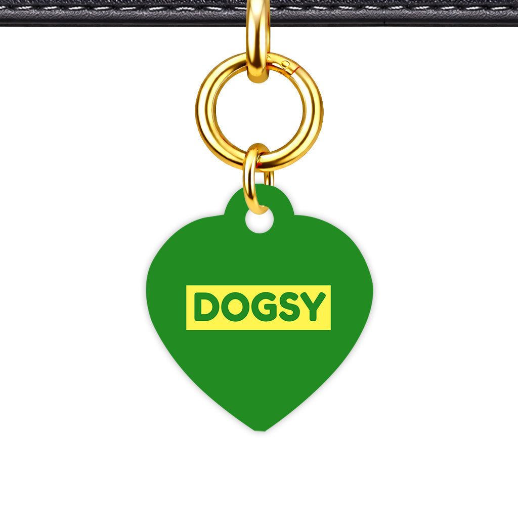 Forest Green & Lemon Heart Shape QR Smart Pet ID Tag - Front View