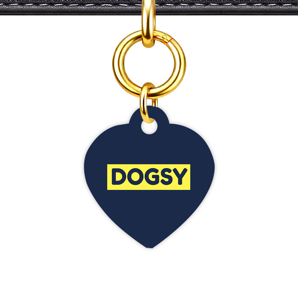 Navy & Lemon Yellow Heart Shape QR Smart Pet ID Tag - Front View