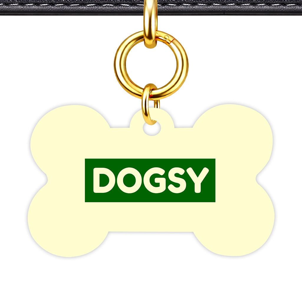 Cream & Dark Green Bone Shape QR Smart Pet ID Tag - Front View
