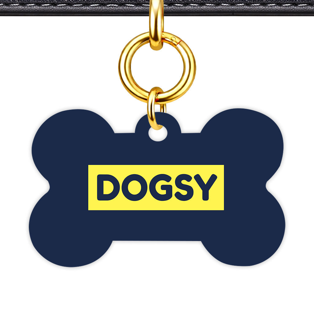 Navy & Lemon Yellow Bone Shape QR Smart Pet ID Tag - Front View