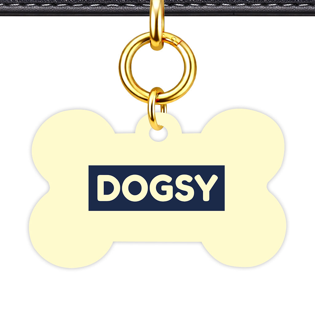 Soft Lemon & Navy Bone Shape QR Smart Pet ID Tag - Front View