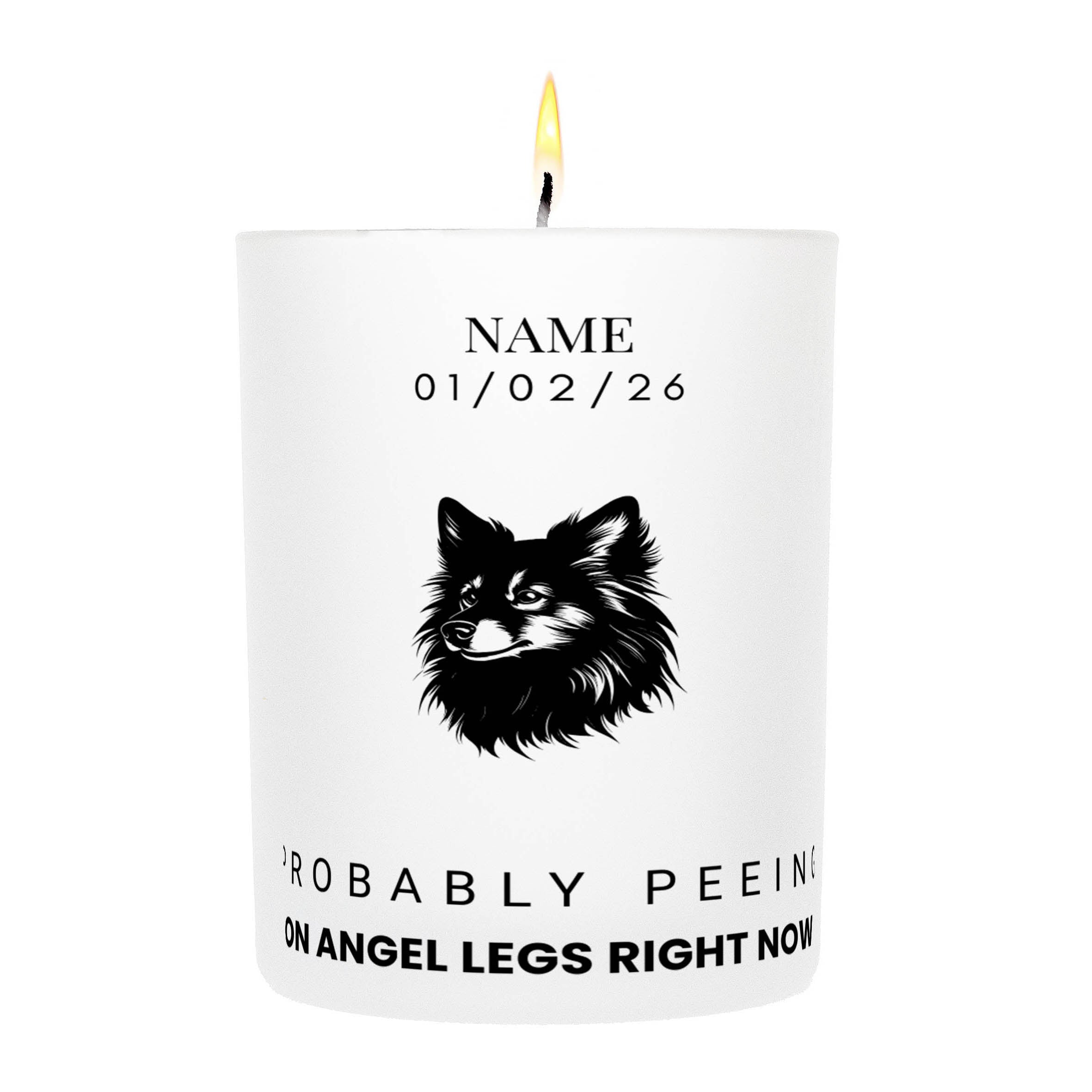 German Spitz – Probably Peeing on Angel Legs Right Now Custom Candle