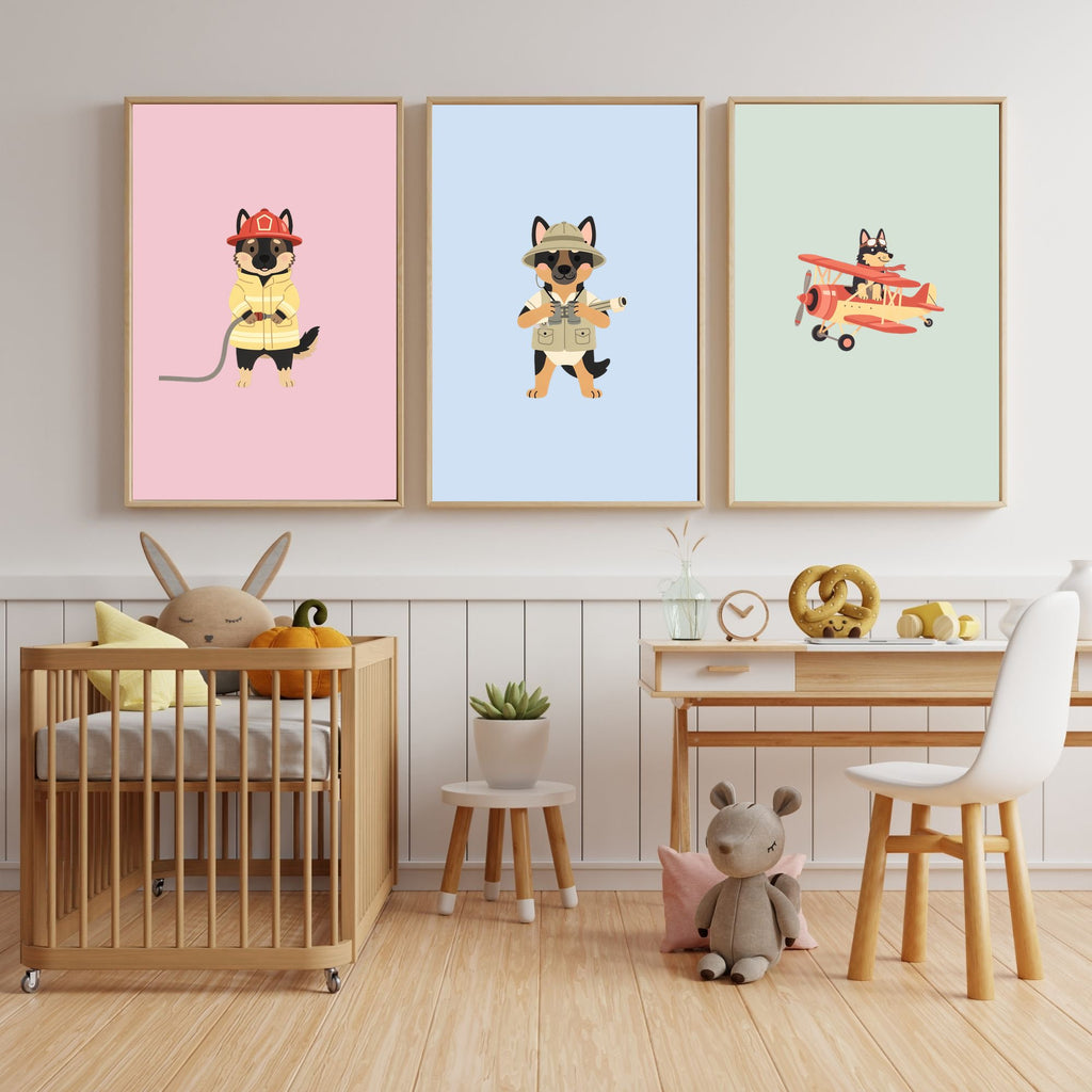German Shepherd Kids Nursery Wall Art Print Bundle — 22 Dog Costume Designs, 5 Colours, 6 Print Sizes | Digital Download
