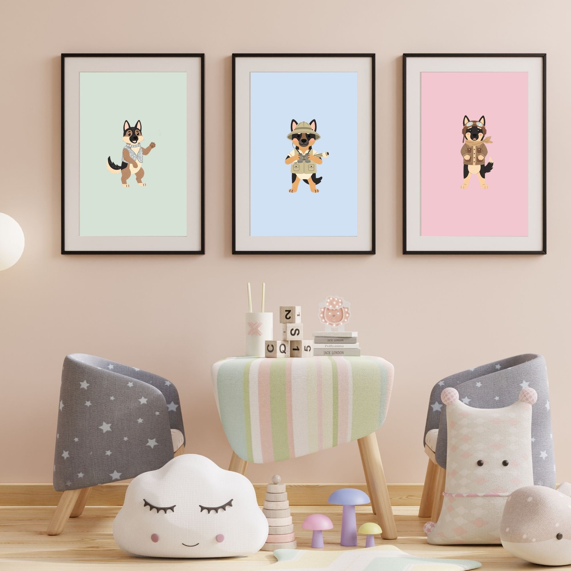 German Shepherd Kids Nursery Wall Art Print Bundle — 22 Dog Costume Designs, 5 Colours, 6 Print Sizes | Digital Download