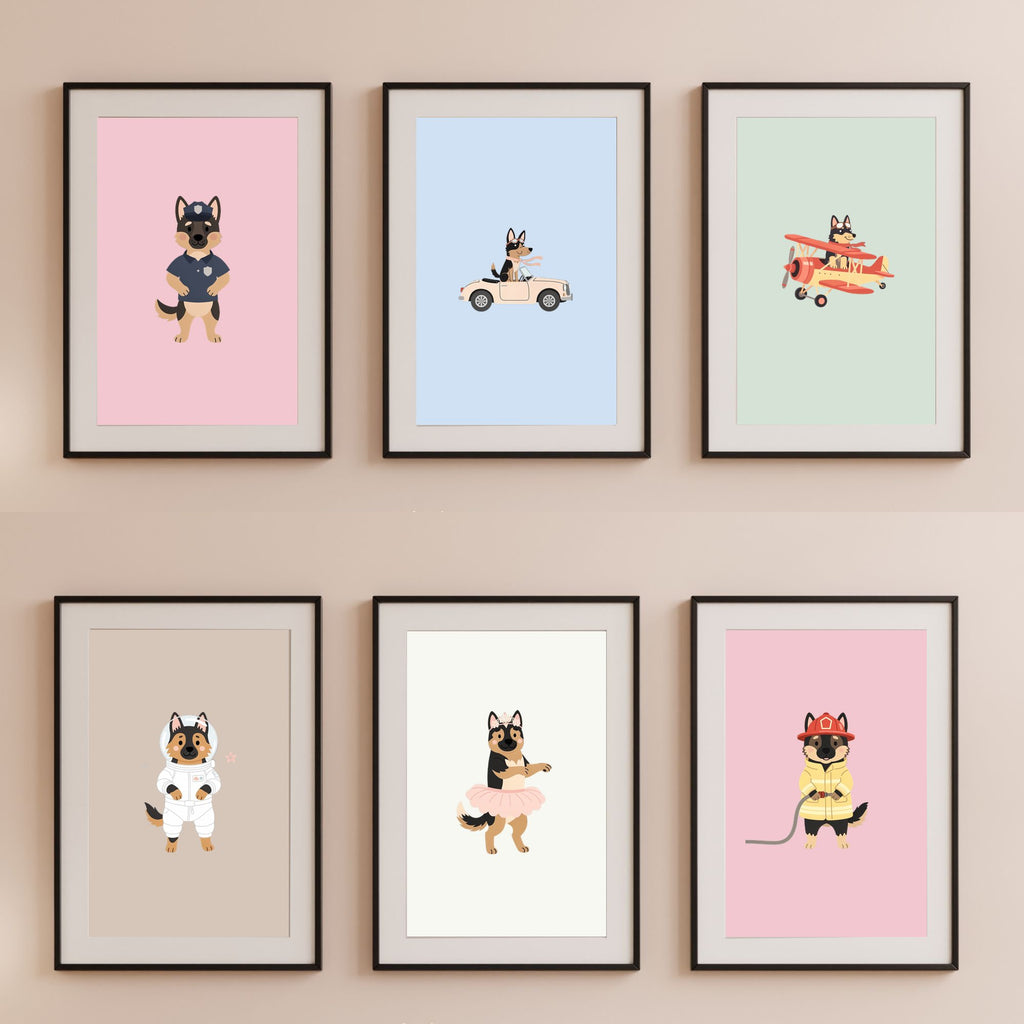 German Shepherd Kids Nursery Wall Art Print Bundle — 22 Dog Costume Designs, 5 Colours, 6 Print Sizes | Digital Download
