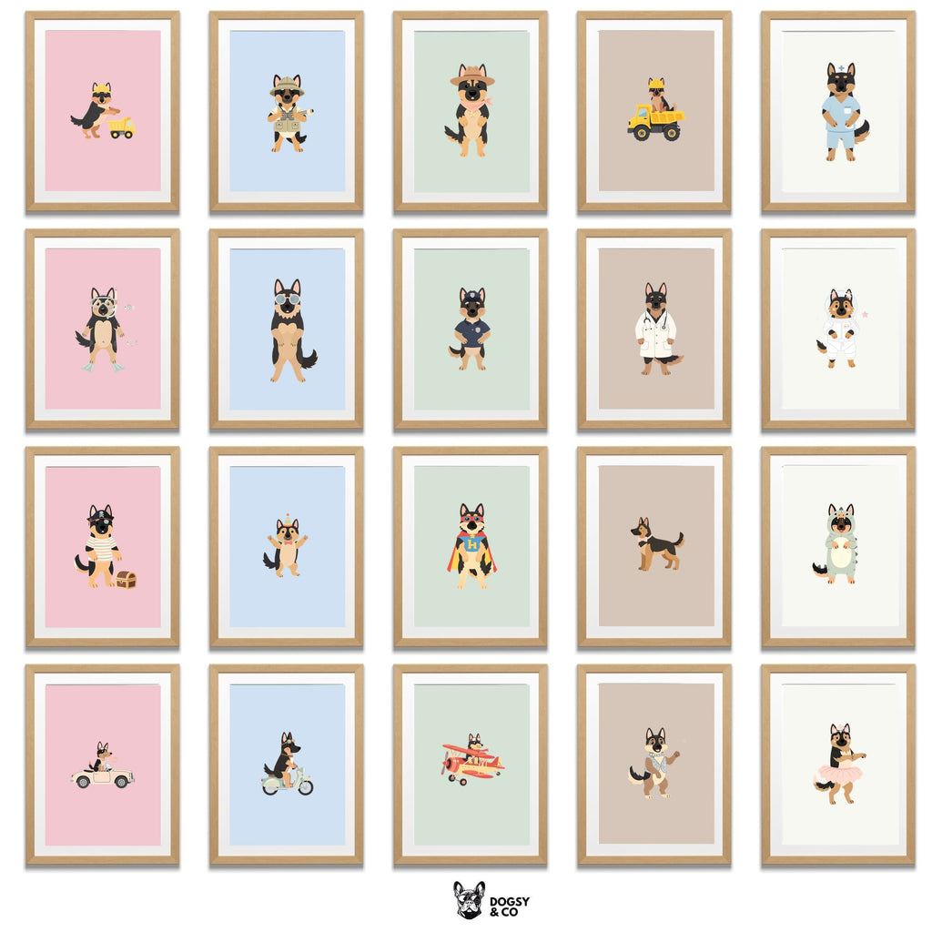 German Shepherd Kids Nursery Wall Art Print Bundle — 22 Dog Costume Designs, 5 Colours, 6 Print Sizes | Digital Download