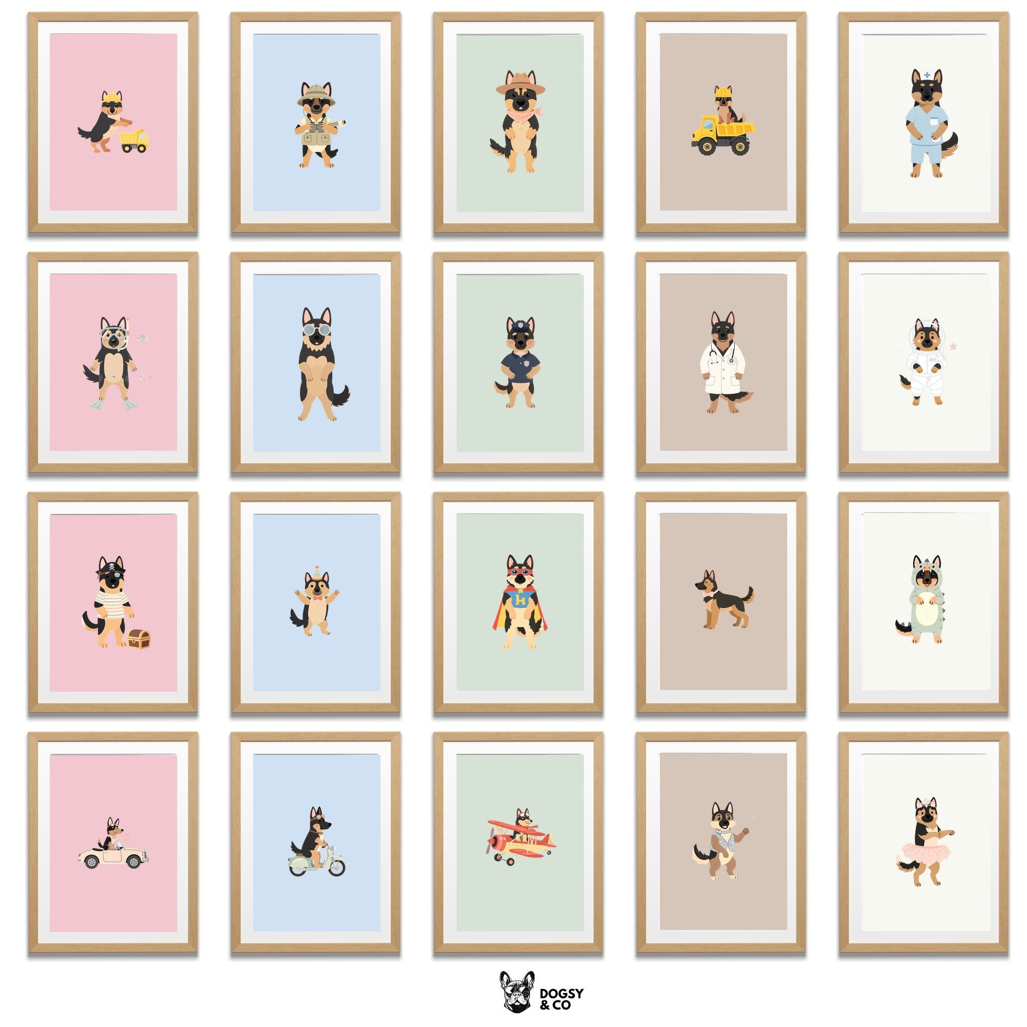 German Shepherd Kids Nursery Wall Art Print Bundle — 22 Dog Costume Designs, 5 Colours, 6 Print Sizes | Digital Download
