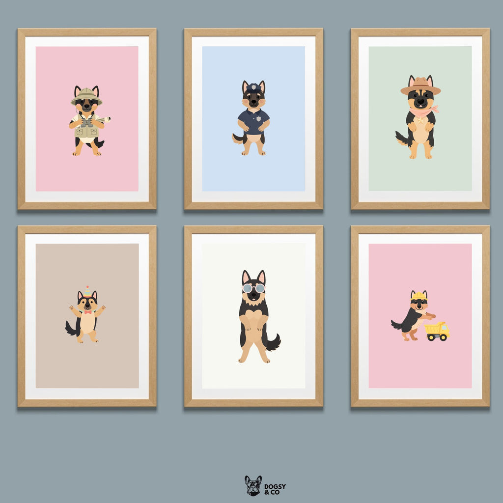 German Shepherd Kids Nursery Wall Art Print Bundle — 22 Dog Costume Designs, 5 Colours, 6 Print Sizes | Digital Download