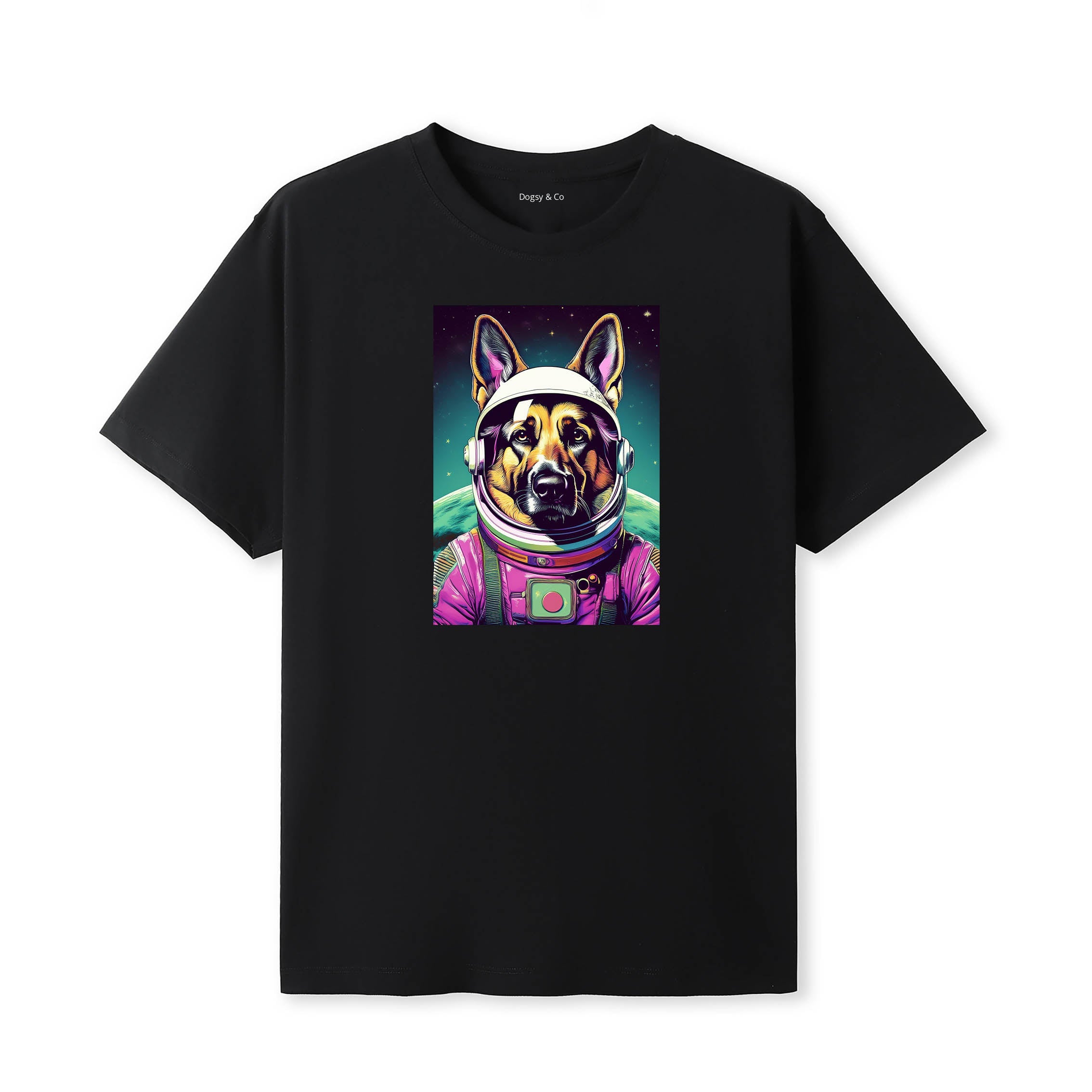 German Shepherd Space Dogs T-Shirt colourful astronaut dog artwork in a retro space design