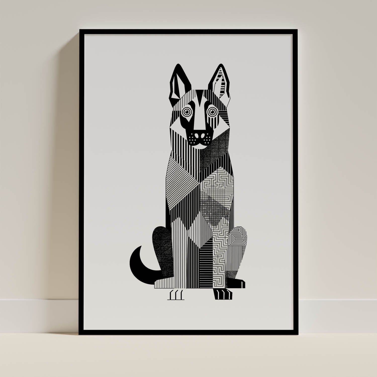 German Shepherd Geometric Line Art Print - Framed Mockup