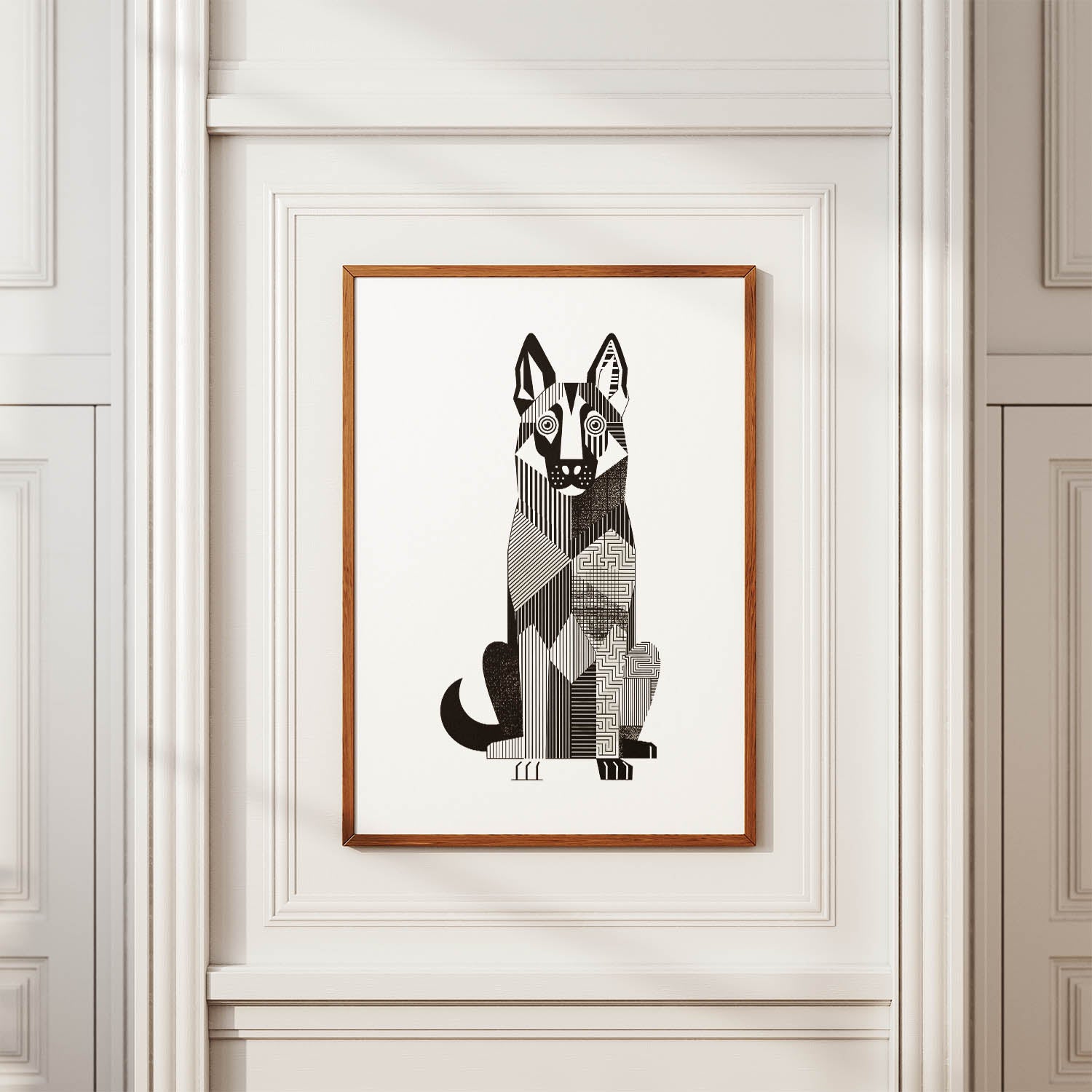German Shepherd Geometric Line Art Print - Framed Mockup