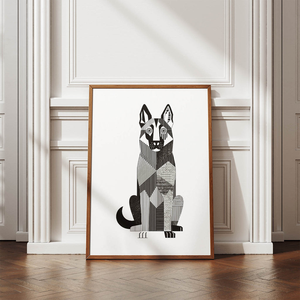 German Shepherd Geometric Line Art Print - Framed Mockup